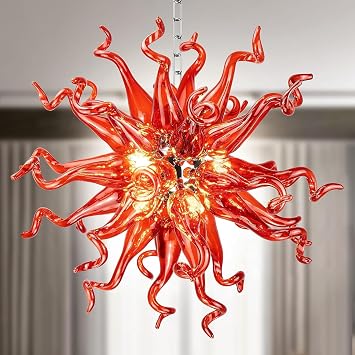 Red Hand Blown Glass Chandelier, 26 D Modern Glass Art Deco Light Fixture for Living Room Dining Room Kitchen Bathroom