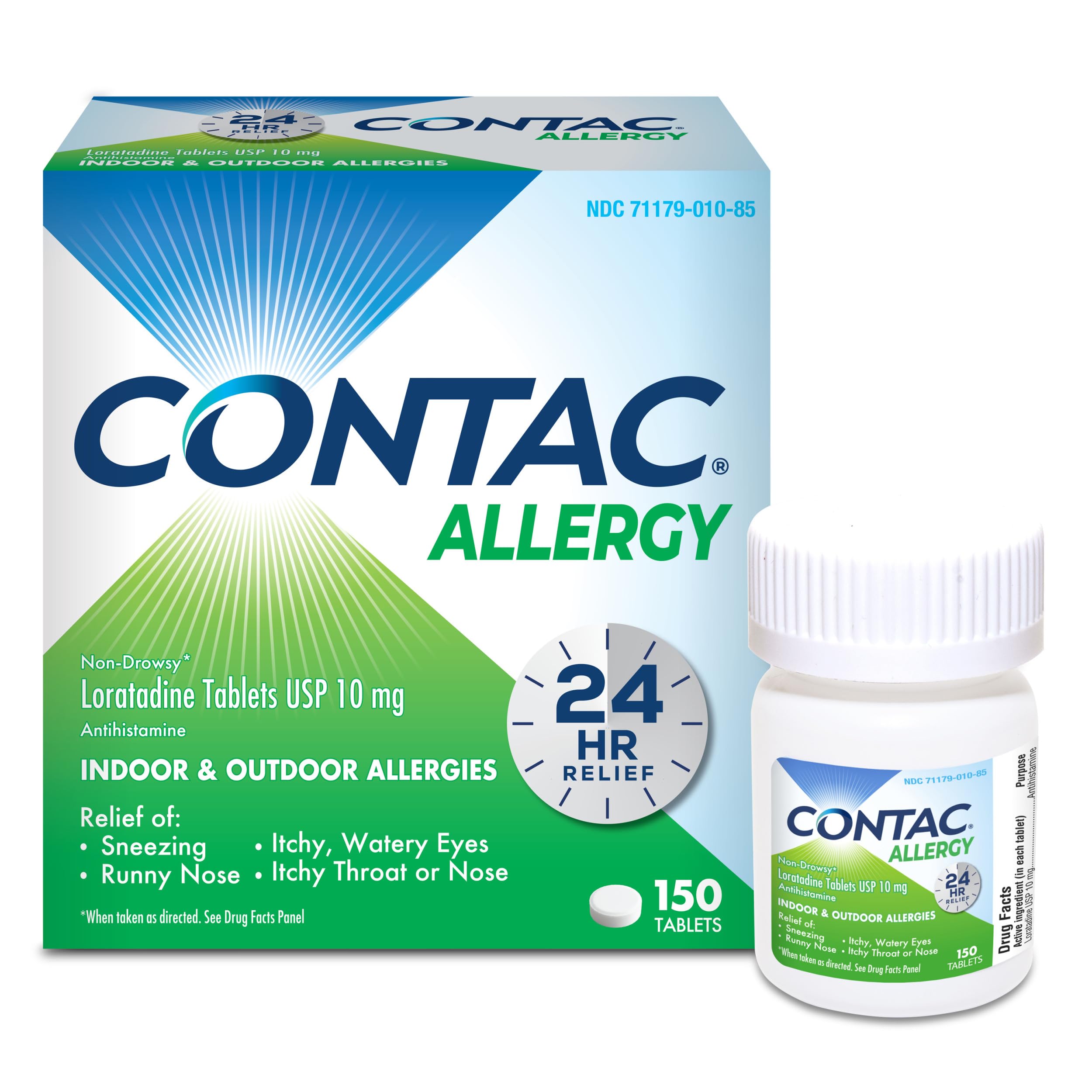 Contac Allergy Relief Tablets, Loratadine 10 mg Antihistamine, 24 Hour Non Drowsy Medicine for Sneezing, Runny Nose & Itchy Eyes, Gluten Free, 150 Count