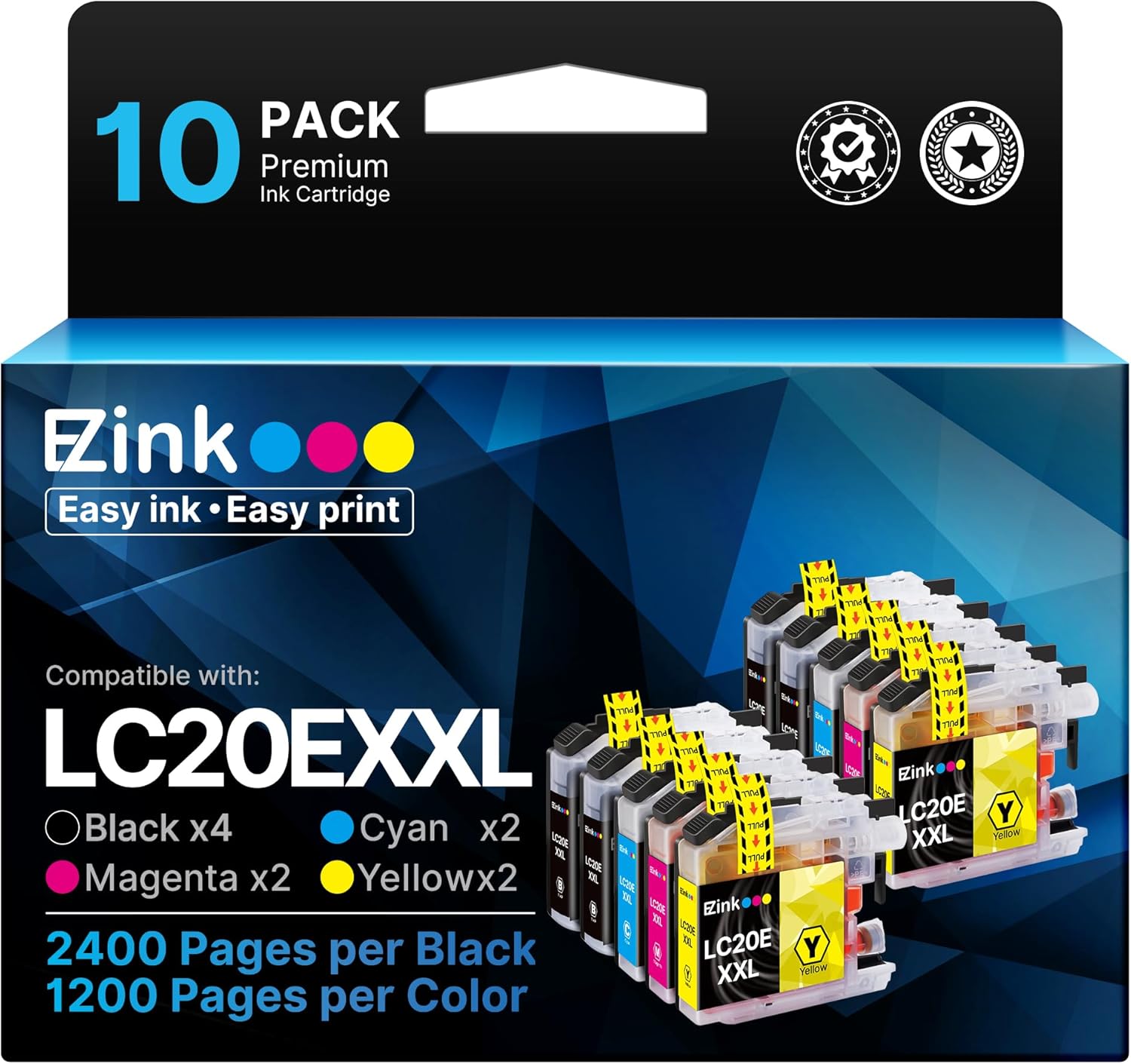 E-Z Ink Compatible Ink Cartridge Replacement for Brother LC20E XXL for use with MFC-J985DW, MFC-J775DW, MFC-J5920DW, MFC-J985DWXL, MFC-J775DWXL(4 Black, 2 Cyan, 2 Magenta, 2 Yellow, 10 Pack)