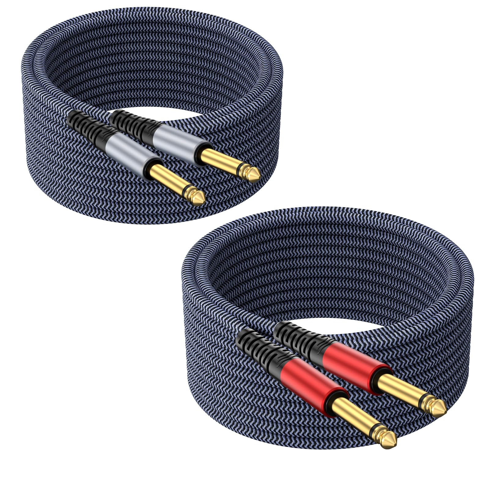 Cable TS de guitarra de 1/4 de pulgada de 25 pies, paquete de 2 rectos a rectos, cable de instrumento mono de 1/4 pulgadas, cable de audio de 1/4 a 1/4 para guitarra, bajo, teclado, mezclador