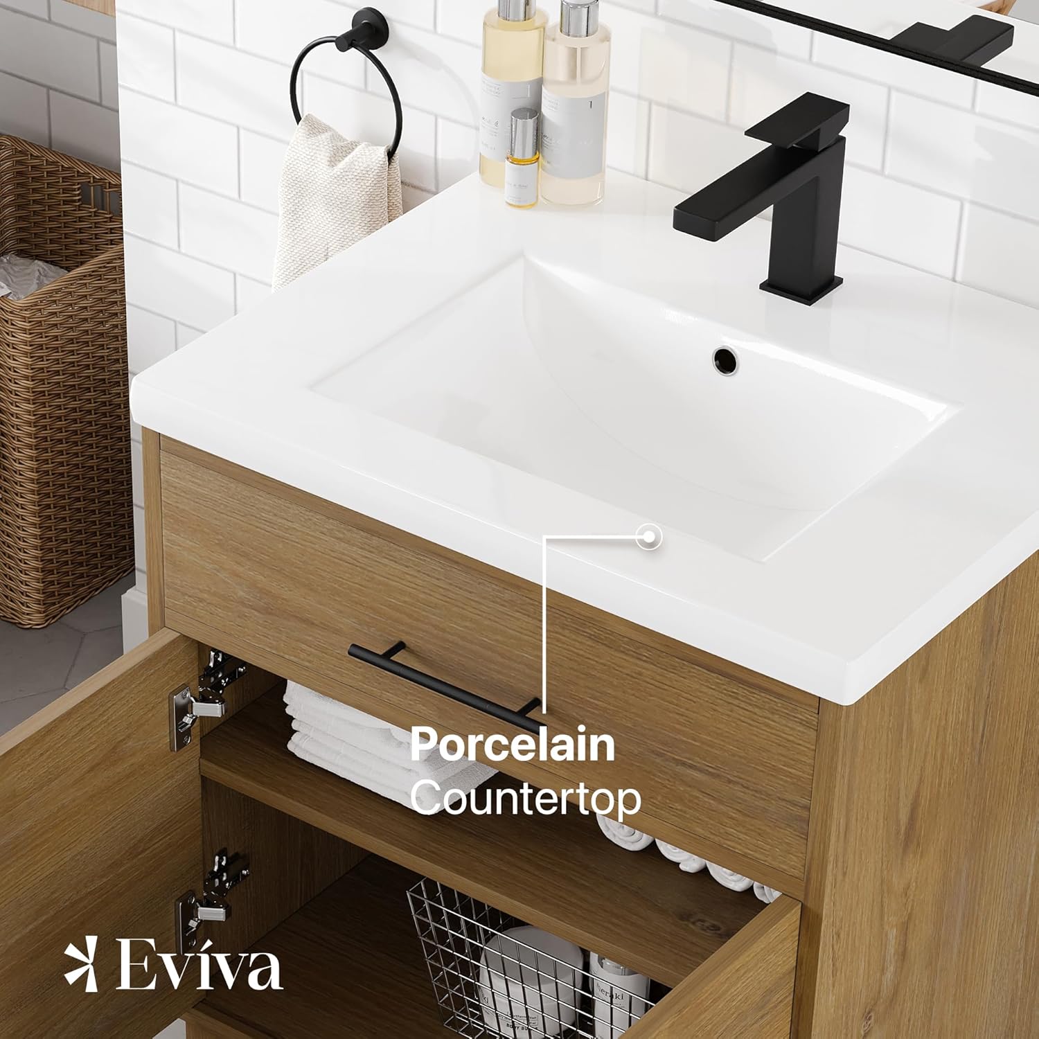 Eviva Graham 30 in. Oak Single Sink Bath Vanity with Porcelain Top and Integrated Sink
