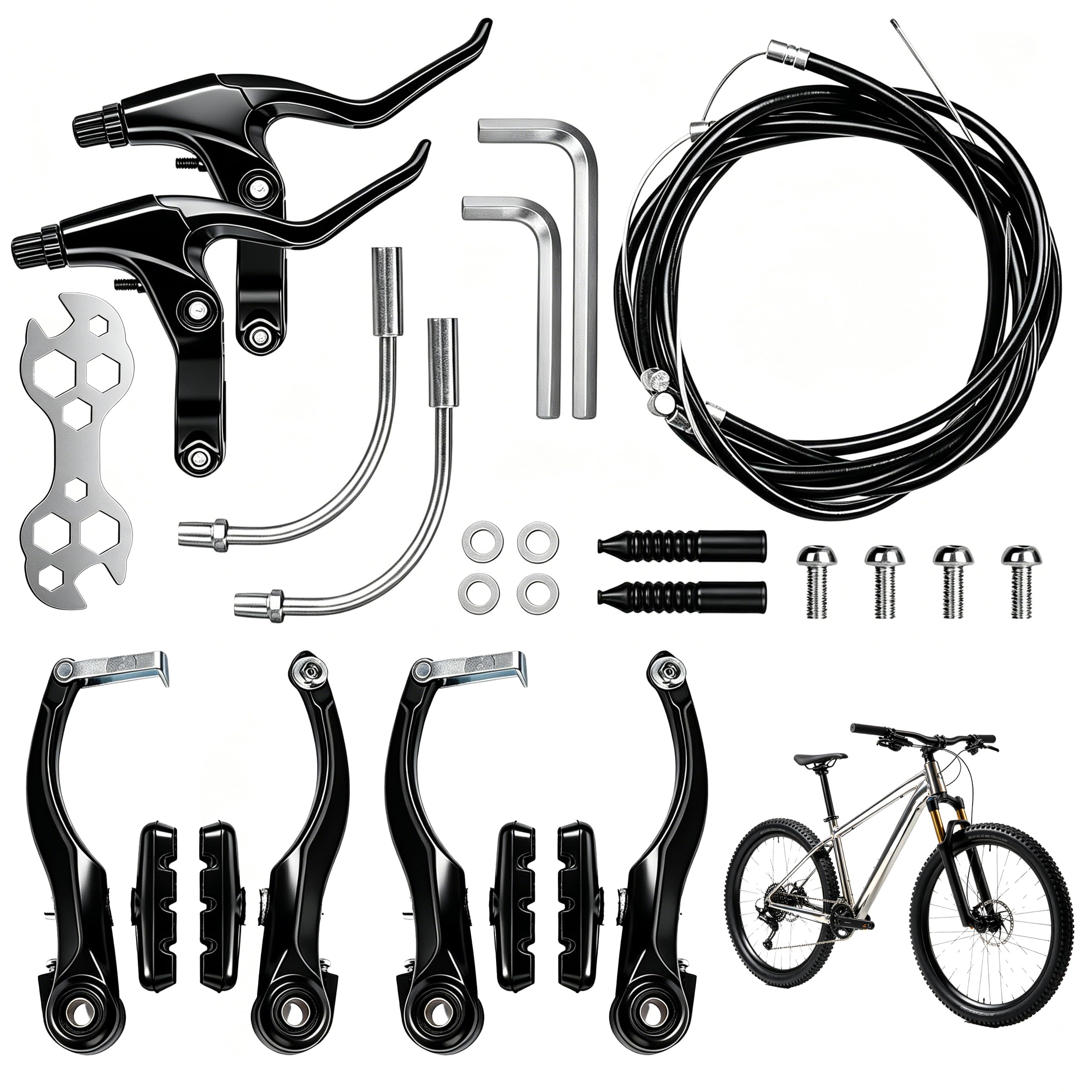 Kit Freni Bici V-Brake Completo con Leve Freno, Cavi Freno Anteriore 75 cm e Posteriore 175 cm, Pattini Freno e Accessori, Set Universale per MTB e Bici da Strada