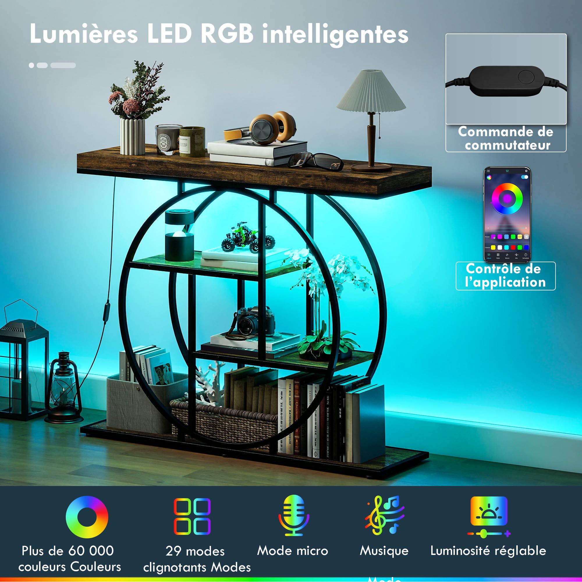 HOMCOM Console meuble avec éclairage LED musique sync 100 cm, table console 4 niveaux, étagères ouvertes, cadre rond en acier, table d'entrée, salon, couloir, style industriel, marron rustique et noir