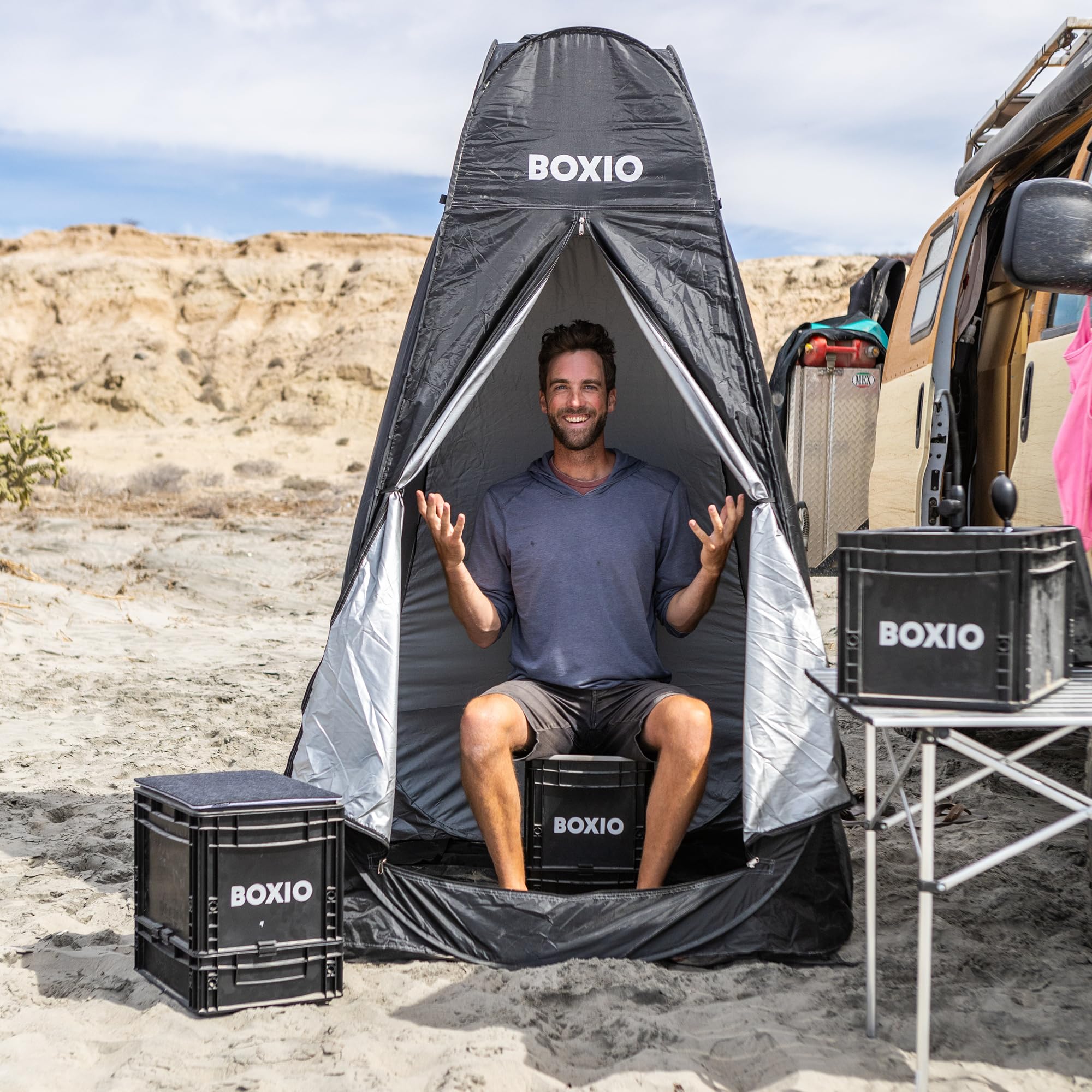 BOXIO - Tent: Mobiles Camping Duschzelt/Toilettenzelt, auch perfekt als freistehende pop up Umkleidekabine 2 x 1m - EIN Muss für Deine Campingtoilette, im Vanlife, und als Festivalbesucher im Sommer