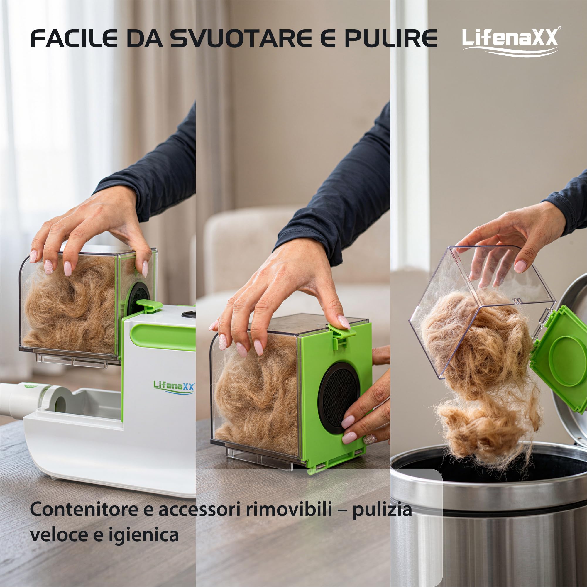 Lifenaxx Tosa Animali 6 in 1 con Aspirazione – Kit Tosatura per Cani e Gatti, Silenziosa, Tosa Elettrica con 6 Pettini, Spazzola Districante, Testina Massaggiante, Contenitore 1,5L - LX-052