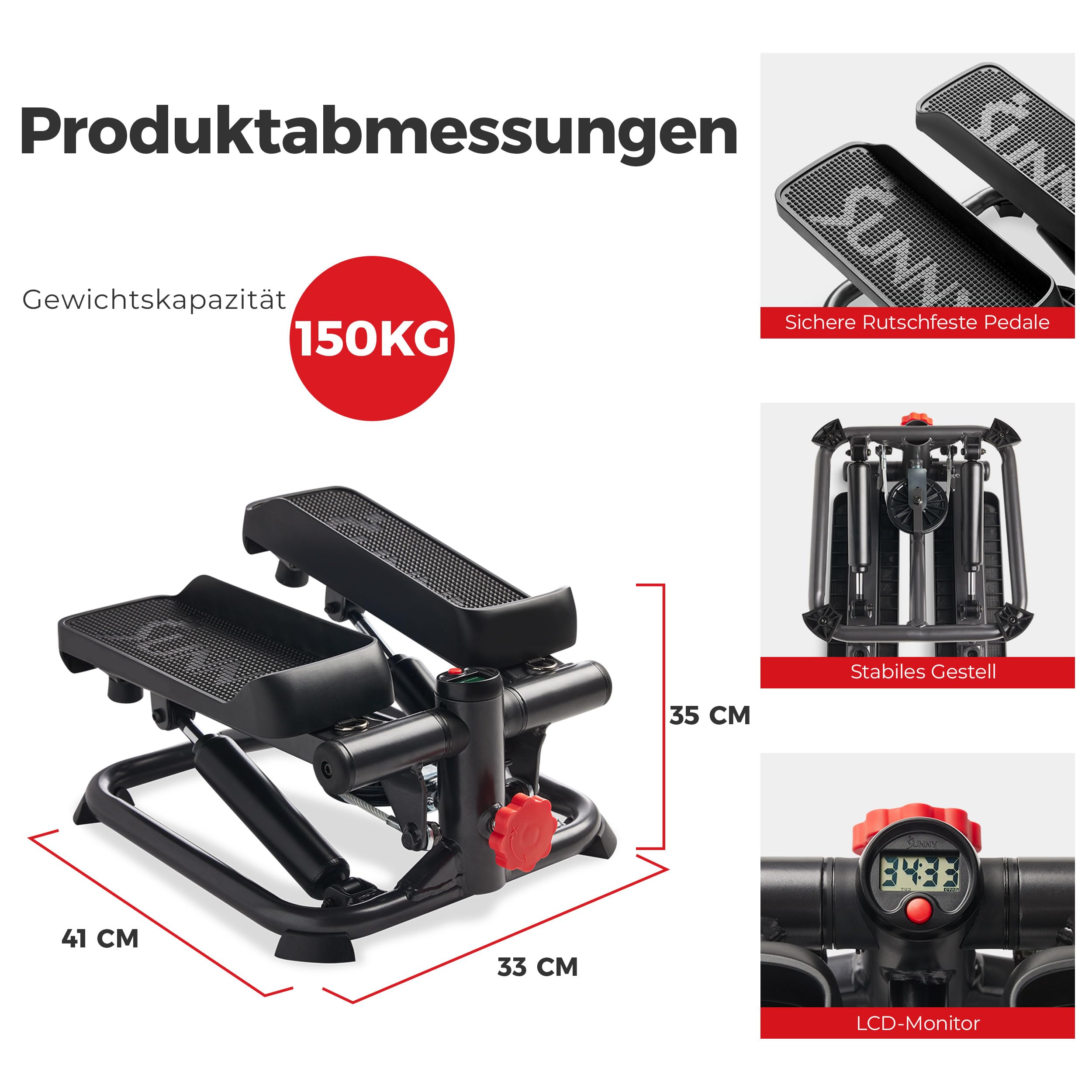 Sunny Health & Fitness Stepper für Zuhause, Ministepper für Home Gym, Kompakter Sportgeräte für Ganzkörper-Cardio mit Optionaler Twist-Bewegung, Widerstandsbändern und Kostenloser SunnyFit App