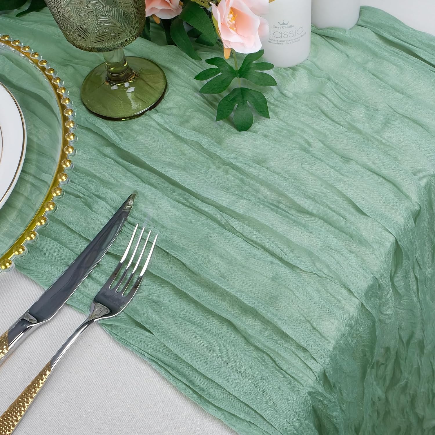 Babenest 13.3ft Sage Green Cheesecloth Table Runner, 2 Pack