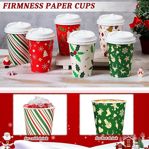 Miniatura 4 de Sliner 150 vasos de Navidad desechables de papel de Navidad con tapas, tazas clásicas de muñeco de nieve calientes de 12 onzas, juego novedoso de