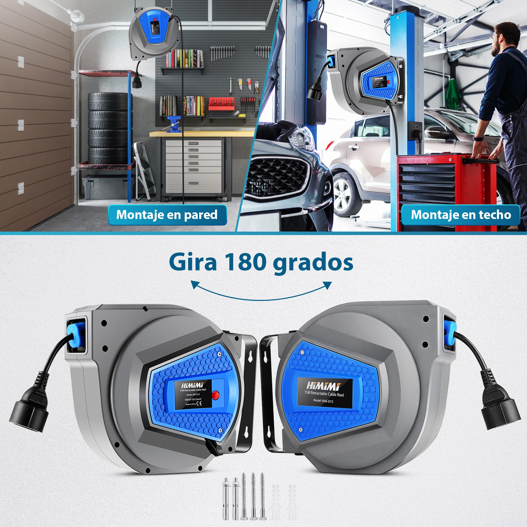 Himimi Carrete de cable retráctil automático de 15 m + 1 m, resistente, de 1500 W a 3000 W, resistente al agua, para uso en interiores y exteriores, con montaje en pared o techo (Blue)