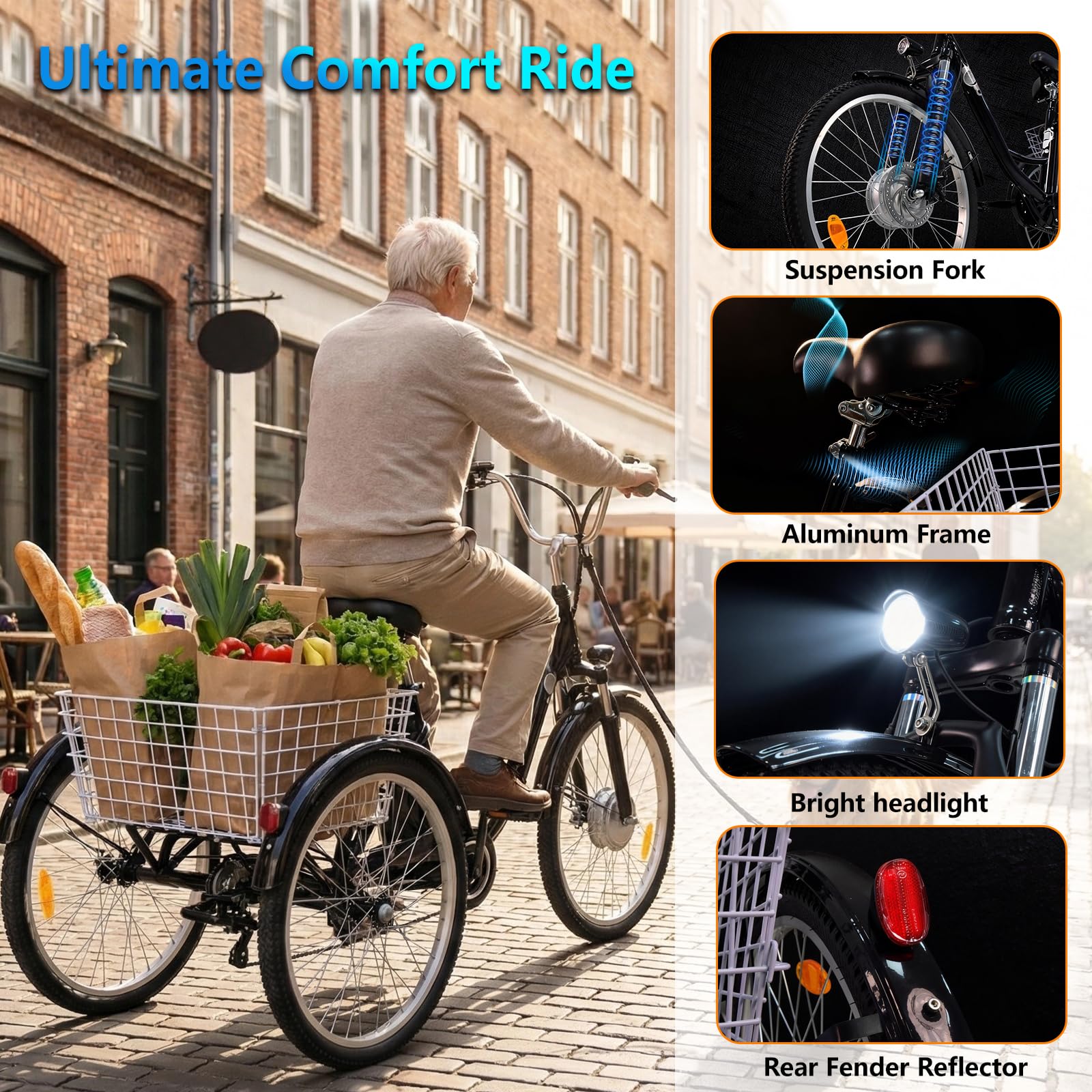 Triciclo elettrico per adulti, bicicletta elettrica da 24", per uomo e donna, con batteria da 36 V, 15 Ah, fino a 50 km, motore da 250 W, con display LCD, 25 km/h, cestino anteriore e