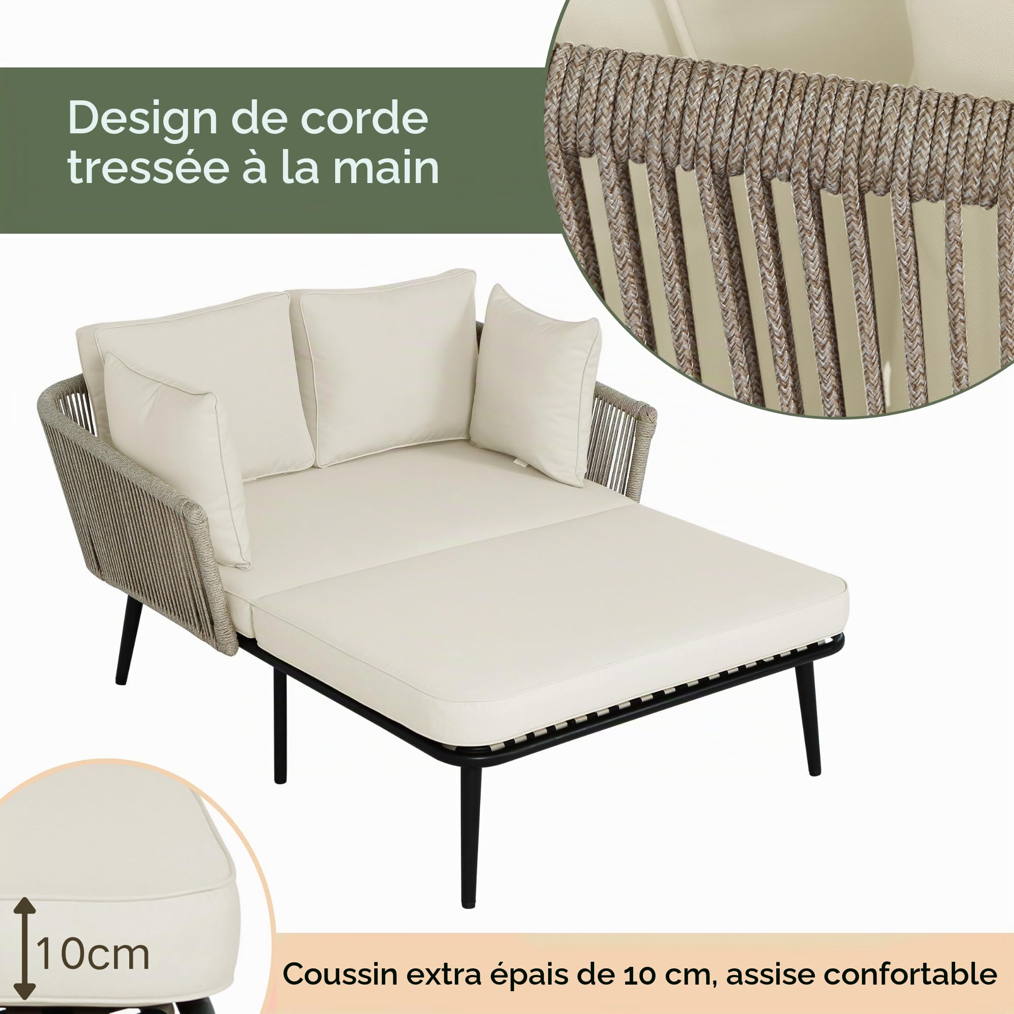 Salon De Jardin avec Canapé 2 Coussins Et 2 Polsters, Transformable en Chaise Longue, Ensemble Balcon Terrasse, Coussins Amovibles Lavables Beige