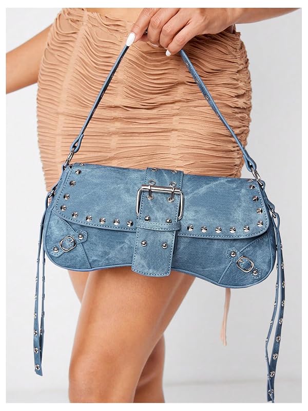 Verdusa Women's Y2K Purse Cute Trendy Handbag Leather Goth Punk Shoulder Bag Studded Crossbody Mini Purse Dusty Blue One Size by Verdusa - Used condition - Image 2