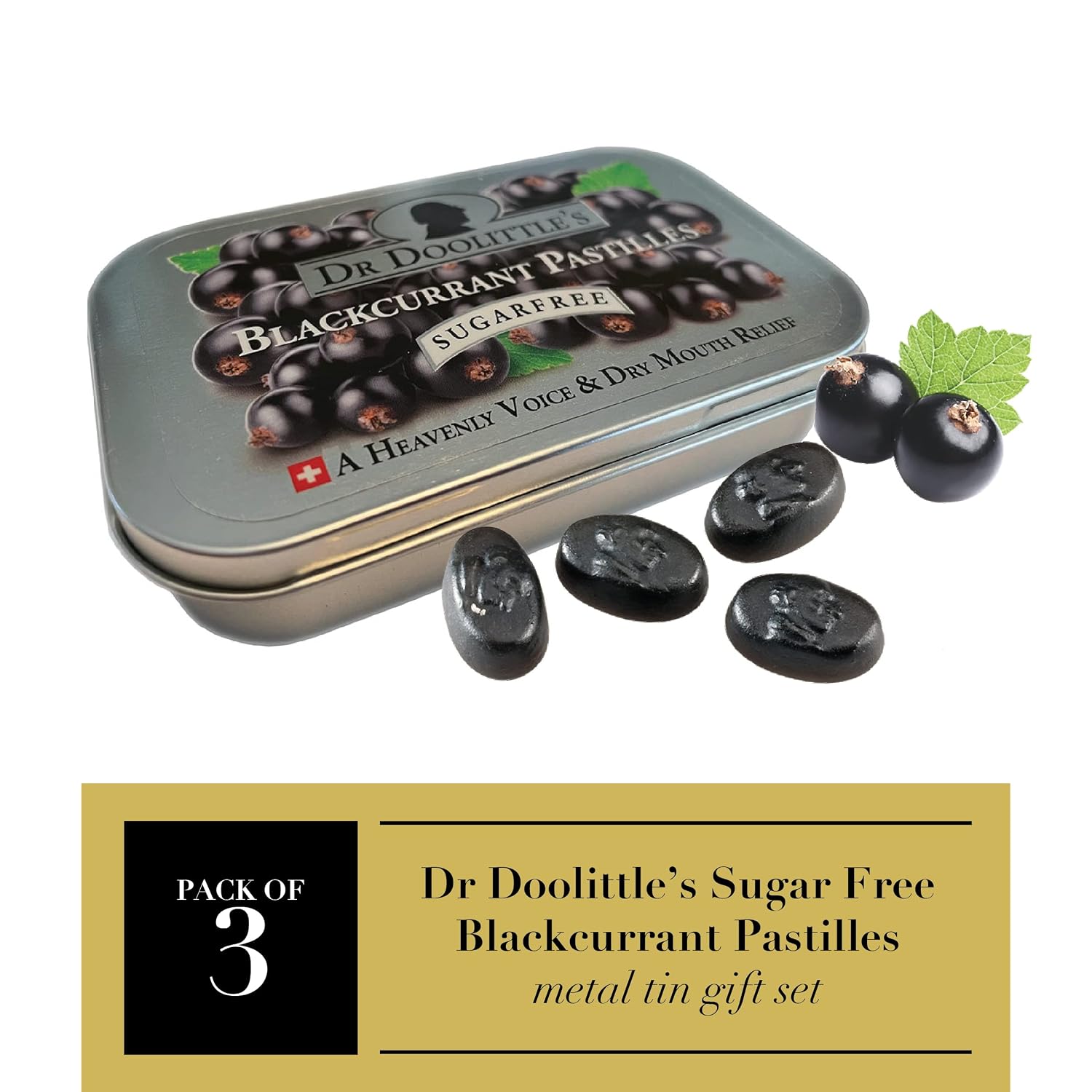 DOOLITTLE Dr Sugar Free Soft Fruit Pastilles for Voice and Throat Gift Set, Blackcurrant Flavor, 2.12 Ounce Tin, Approximately 25 Count Package, 3 Tin