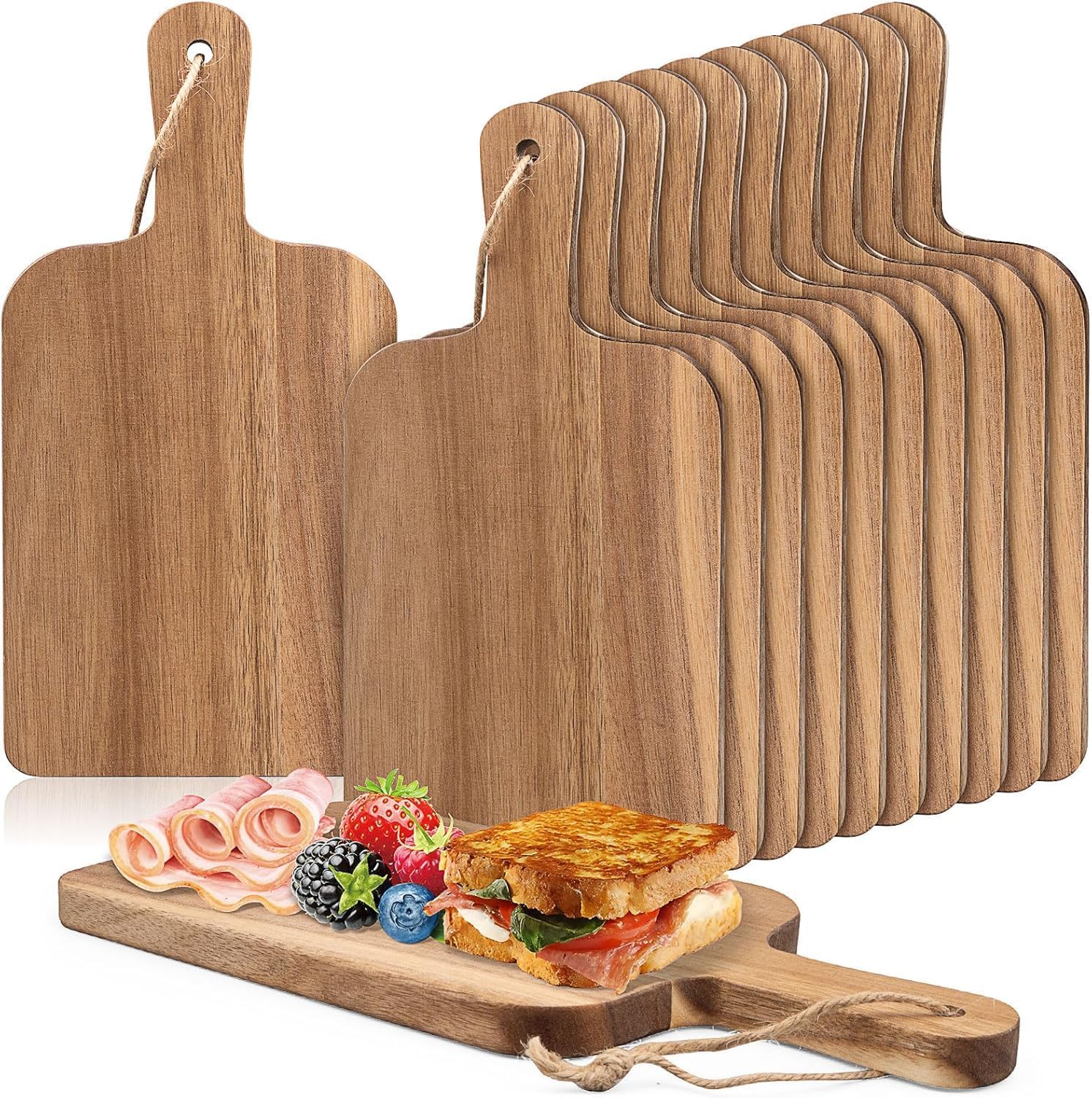 Lot de 12 Planches à Découper en Bois d'Acacia avec Poignées, 30x15x1,5 cm