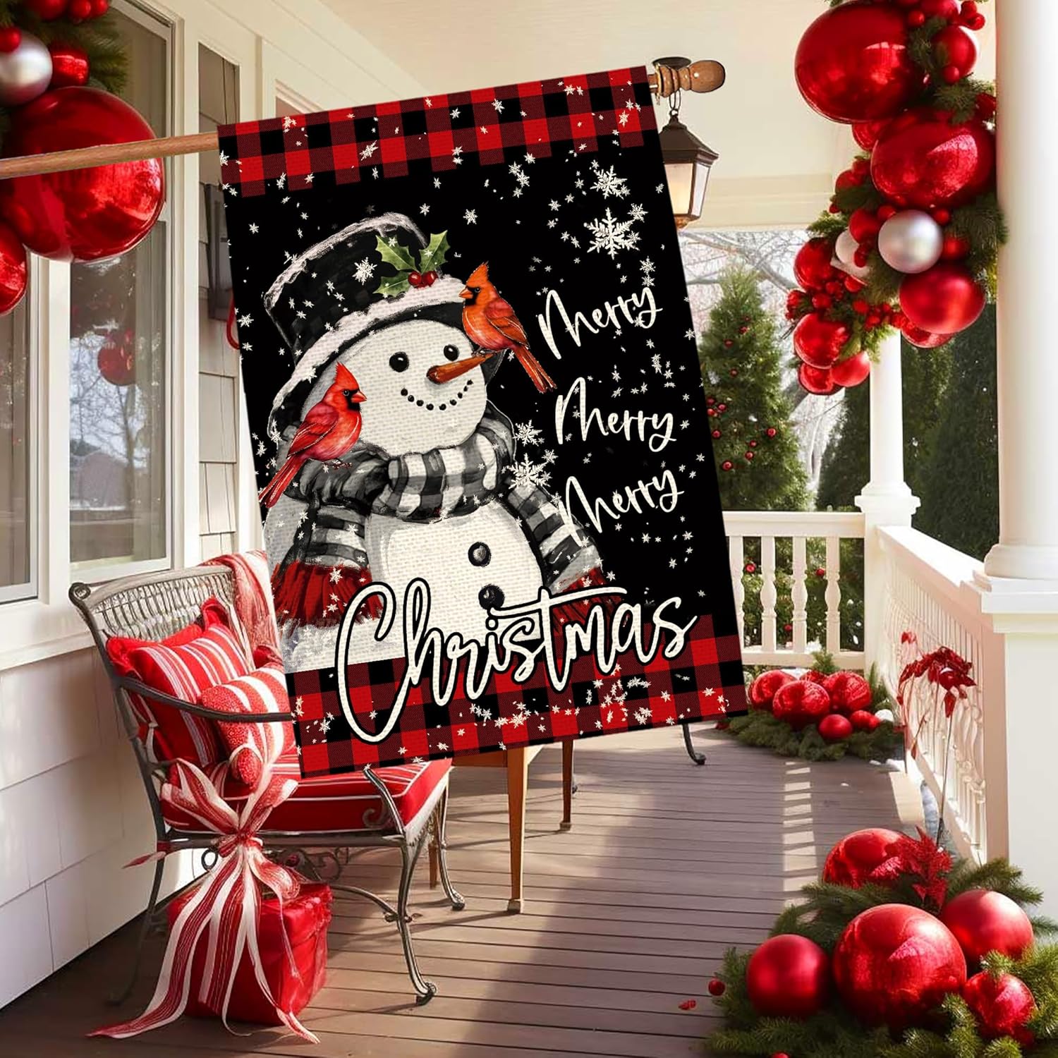 Merry Christmas Snowman Welcome House Flag 28x40 Inch Double Sided, Xmas Cardinal Winter Snowflake Burlap Large Yard Flag Plaid Farmhouse Flags Seasonal Patio Outdoor Outside Decoration - Image 3