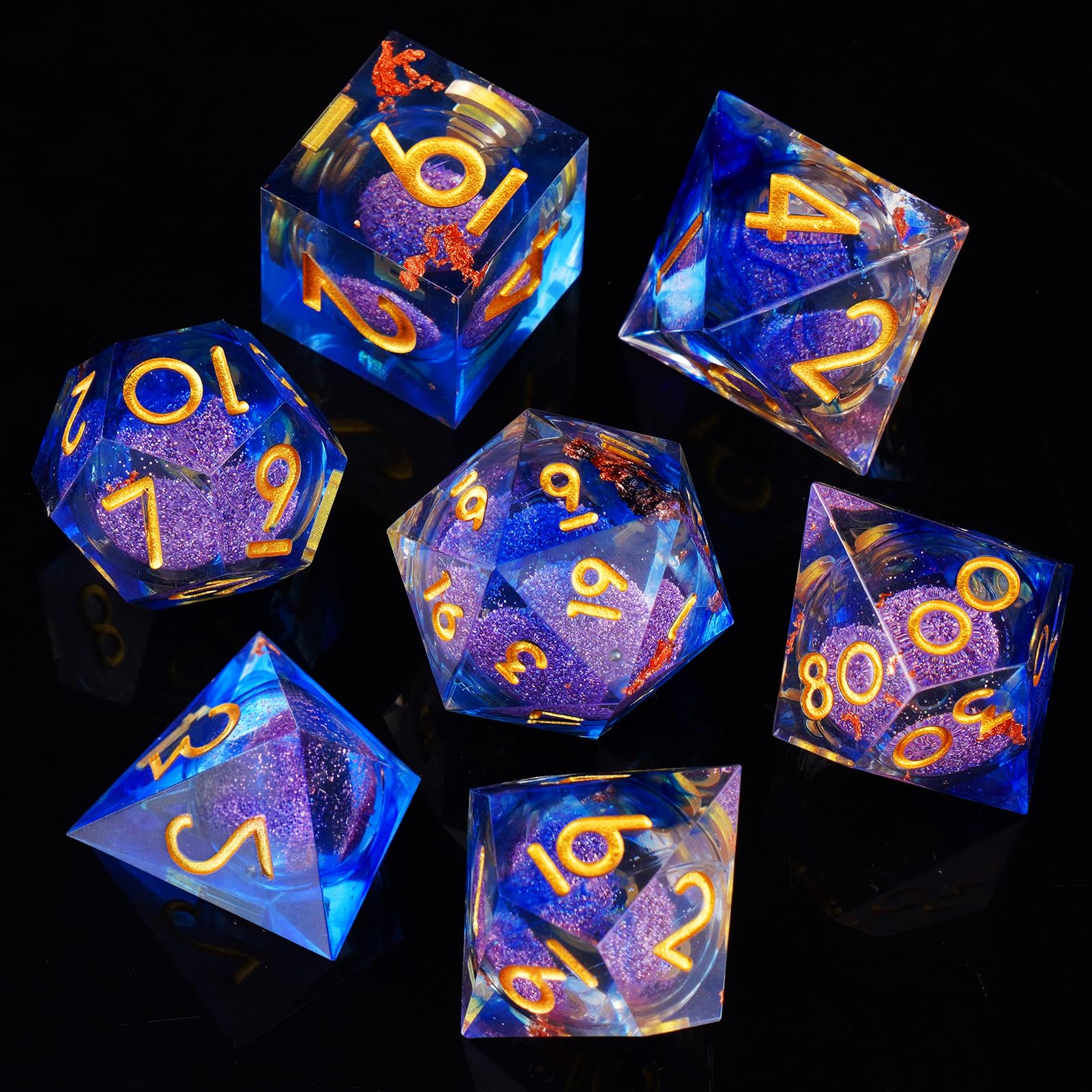 ORUZA 7 PCS Liquid Core DND Dice Resin Sharp Edge Dice Polyhedral D&D Dice Set for Dungeons and Dragons RPG MTG Role Playing Game Dice D20 D12 D10 D8 D6 D4 D%