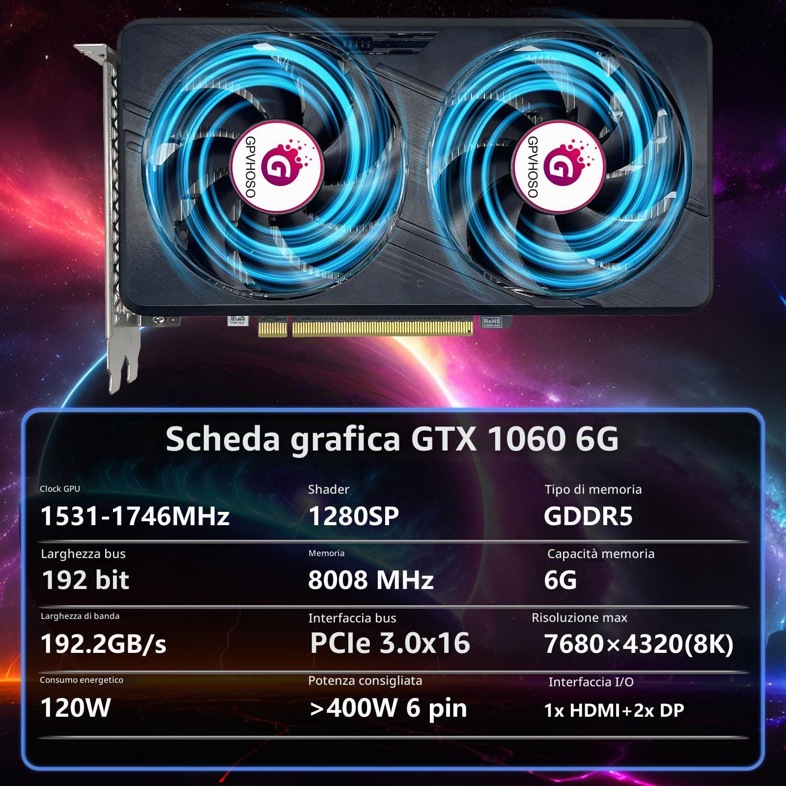 GPVHOSO Scheda grafica GTX 1060 da 6 GB, GDDR5 8K 192bit HDR VR Ready, 1060 schede video per PC da gioco, Tarjeta Gráfica Support Direct X12 PCIe3.0 * 16, doppie ventole di raffreddamento, HDMI + 2