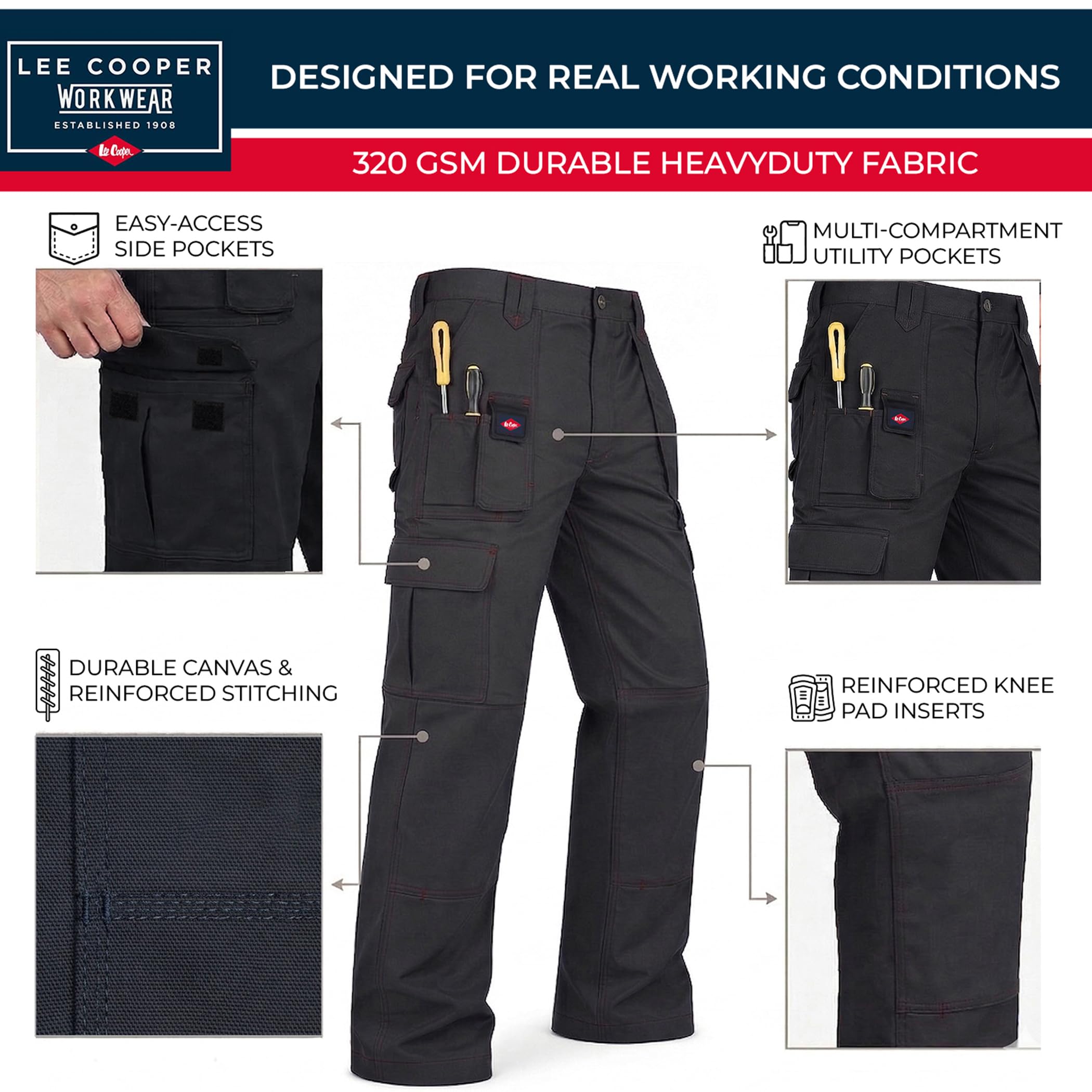 Lee Cooper Pantalon Travail Homme Cargo avec Poches Genou 320 GSM – Workwear Résistant Multi Poches, Pantalon Sécurité Entretien Facile pour Chantier (Noir, 32W/33L)