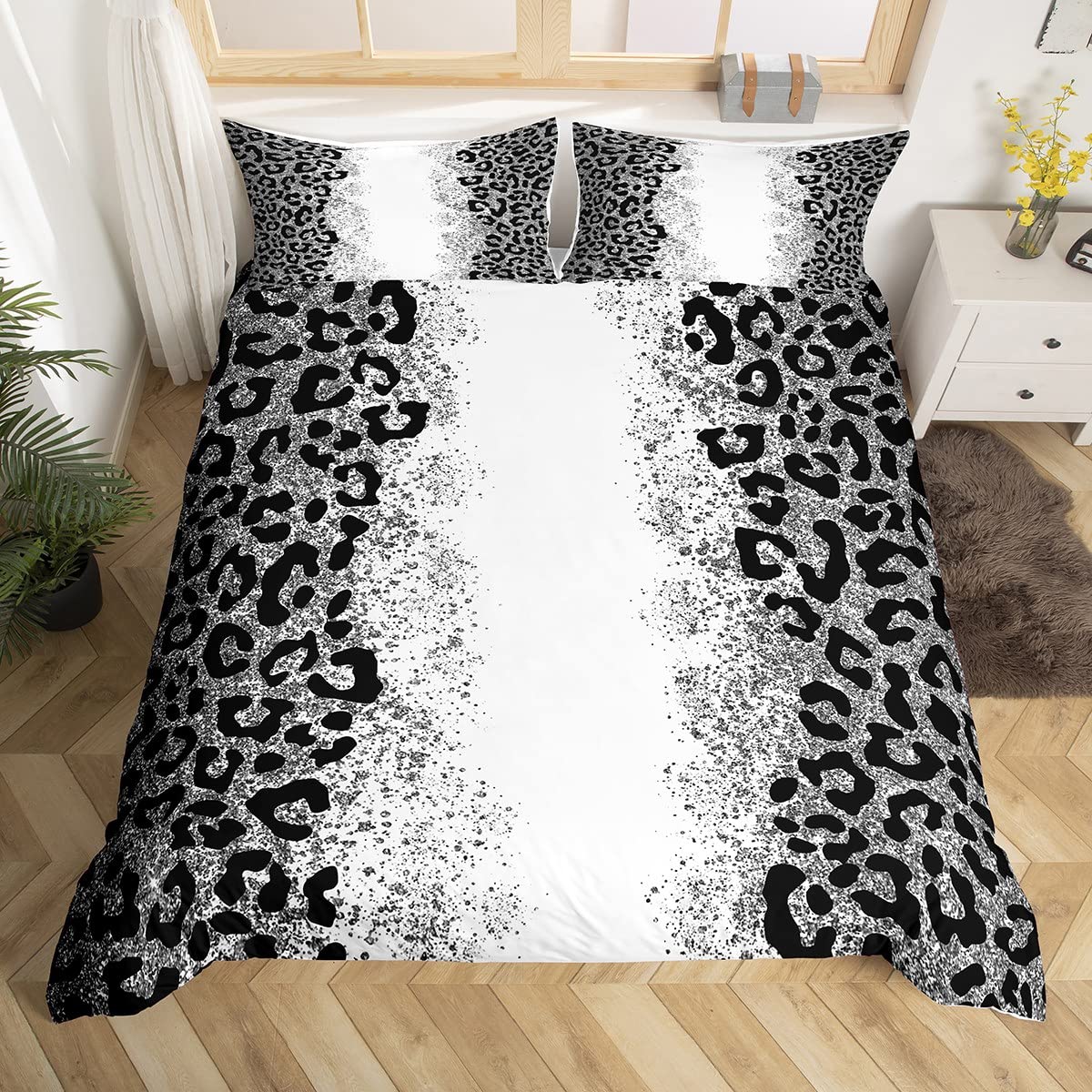 Leopard Print Bedding Set Kids Glitter Cheetah Print Comforter Cover Set for Boys Girls Animal Print Duvet Cover Breathable Luxury Black White Bedspread Cover Decor Pastel Quilt Cover Double