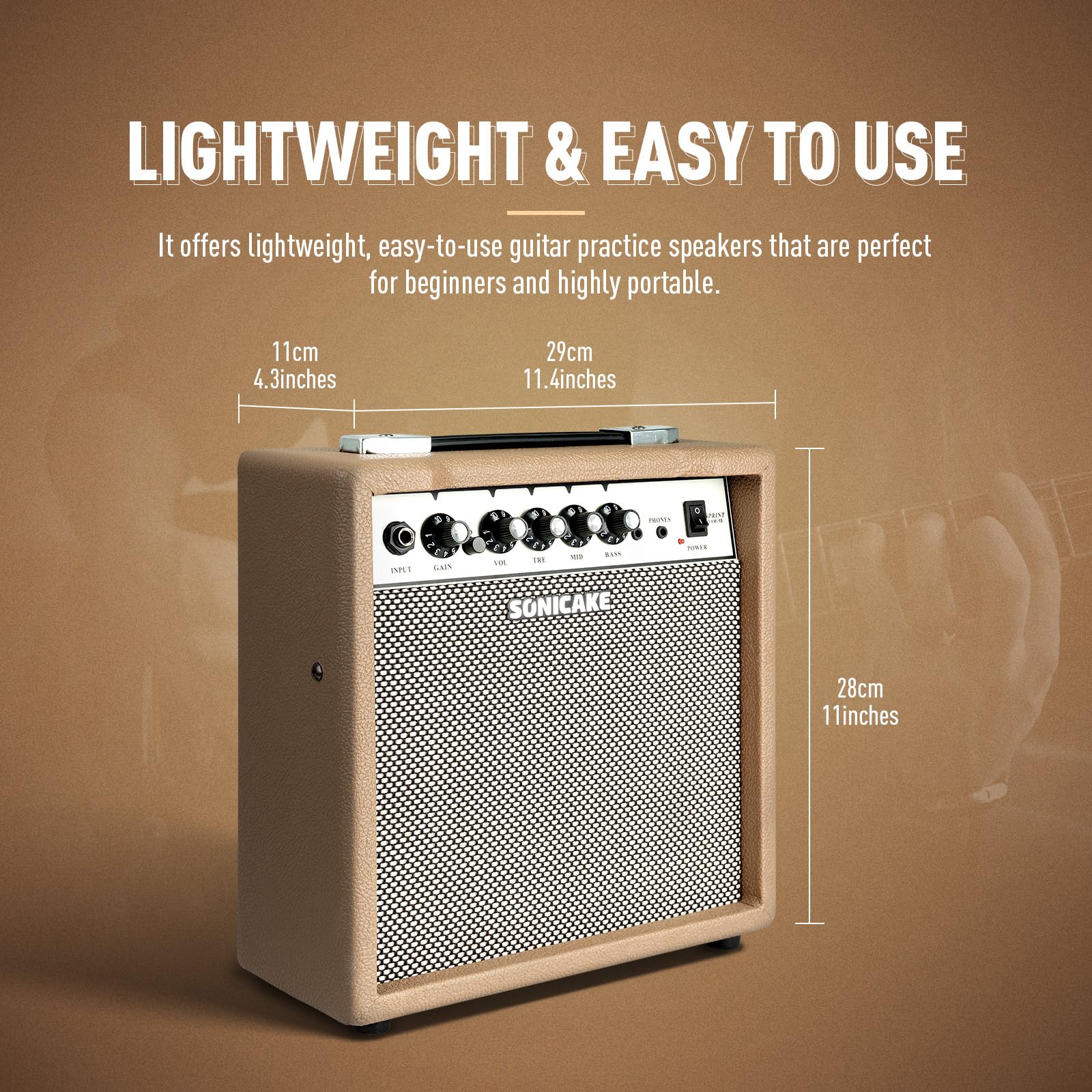 SONICAKE Amplificatore per Chitarra Elettrica 15W Doppio Canale con Uscita Cuffie EQ a 3 Bande Ingresso AUX, Design Compatto e Portatile per Pratica Sprint