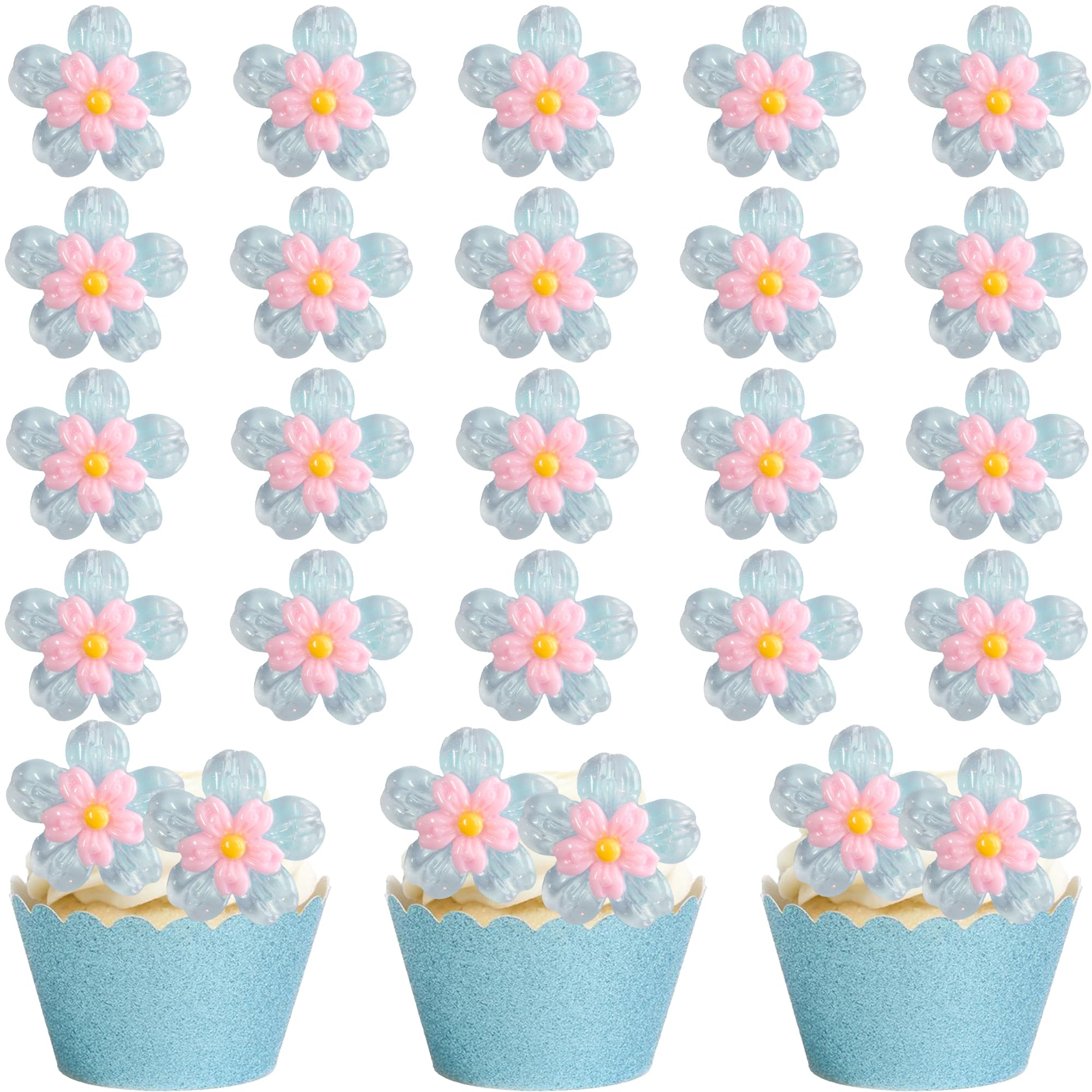 Gyufise 30Pcs Cherry Blossom Cupcake Toppers Peach Blossom Flowers Cupcake Picks Flowers Birthday Decorations for Bridal Engagement Baby Shower Birthday Wedding Party Supplies Blue 3