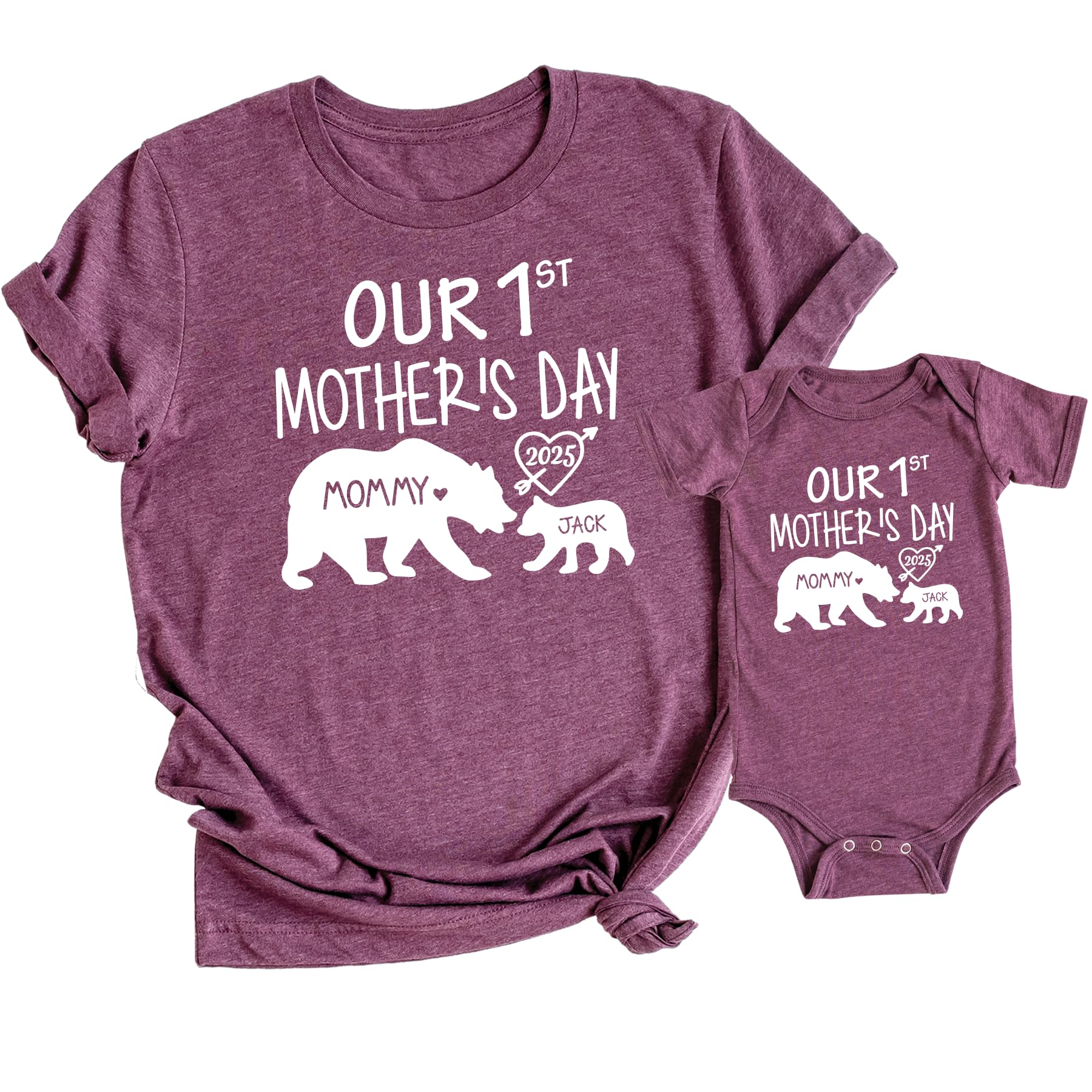 Our 1st Mother's Day Shirt, Mommy and Me Shirts, Matching First Mother's Day Outfits, Customizable with Names and Date, Baby Bodysuit and Mom Shirt Set, Mother's Day Gift Idea, Pack of 2