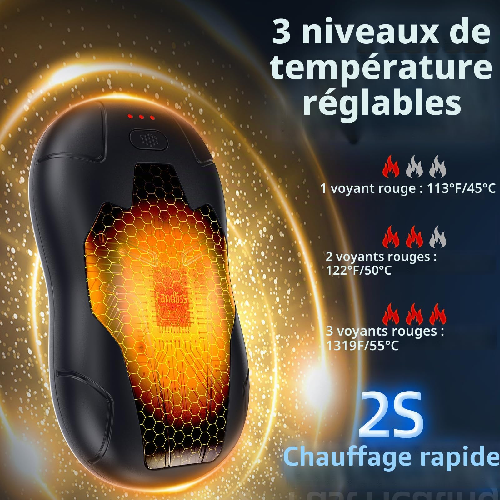 Chauffe Main Rechargeable,10000mAh Chaufferette Main Reutilisable Iron Man,2024 Ddernière Lot de 2 Chauffe Main Electrique Portables,Adaptés pour Extérieur&Intérieur,Camping-Noir Argent