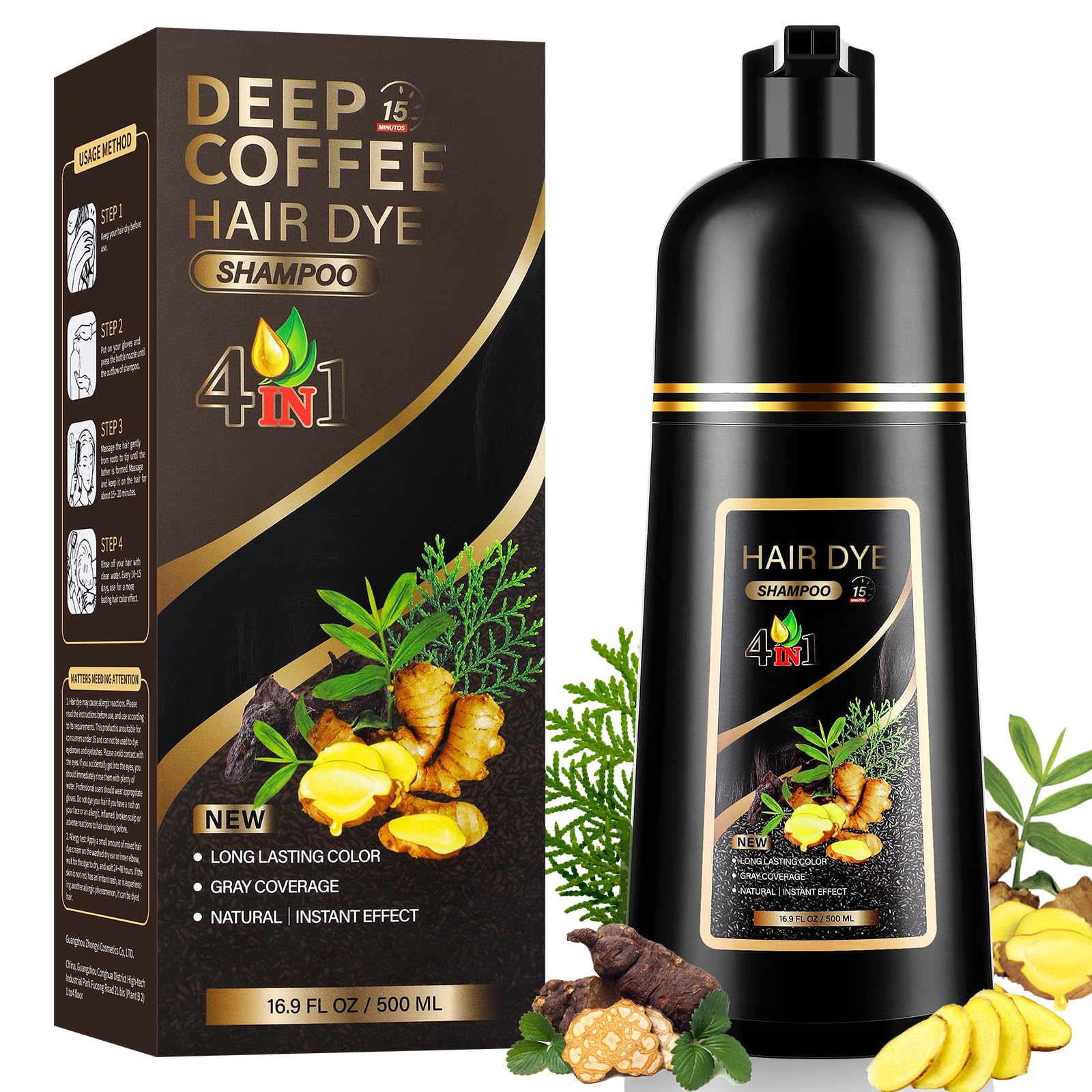 YUOLITA 4 in 1 Dark Brown Hair Dye Shampoo for Gray Hair, Semi-Permanent Instant Hair Color Shampoo for Women and Men, Herbal Ingredients Hair Care,