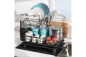 Multifunctional Black Stainless Steel 2 Tier Kitchen Dish Drying Rack with Utensil Holder