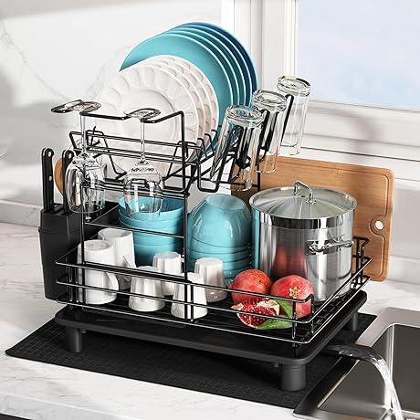 Multifunctional Black Stainless Steel 2 Tier Kitchen Dish Drying Rack with Utensil Holder