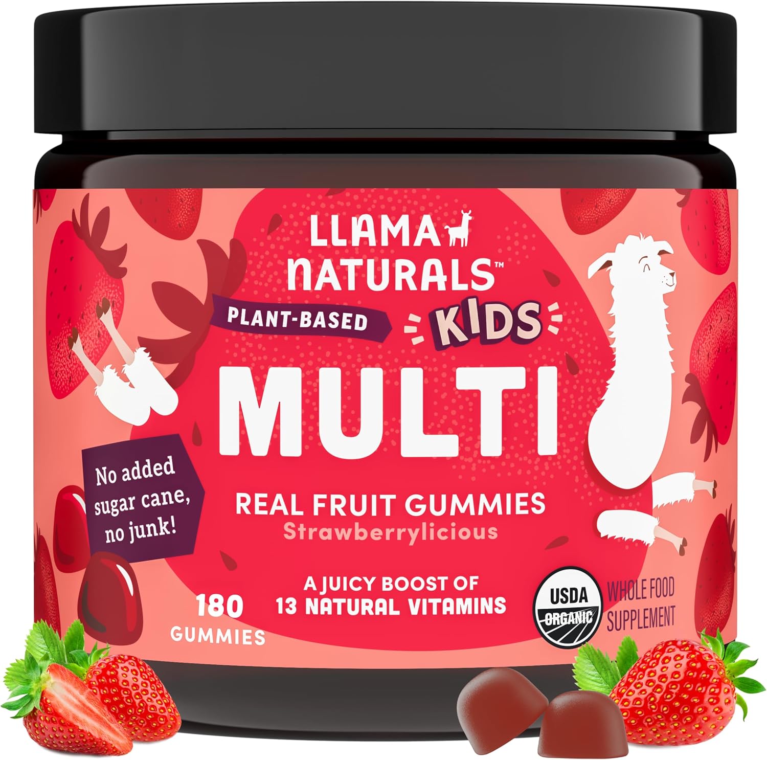 Llama Naturals Kids Multivitamin Gummies | Real Fruit, No Added Sugar Cane | Organic Vegan Toddler Whole Food Vitamins | Vitamin D, C & Beta Carotene Gummy Supplement | Strawberry 180 Ct (2-3 Months)