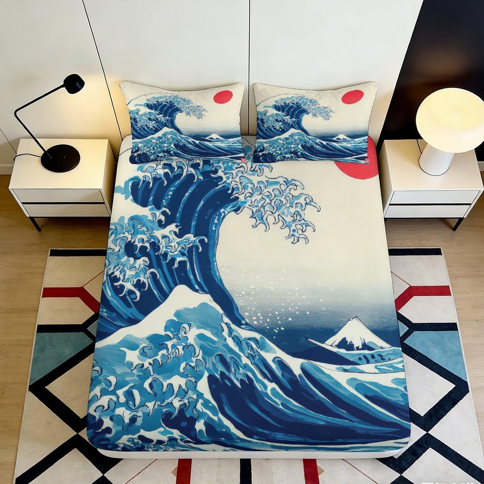 3D Printed Great Wave Fitted Sheet Microfiber Soft Durable Japanese Art Bed Cover for Bedroom Dormitory Guest Room Mattress Protection 160x200x25cm