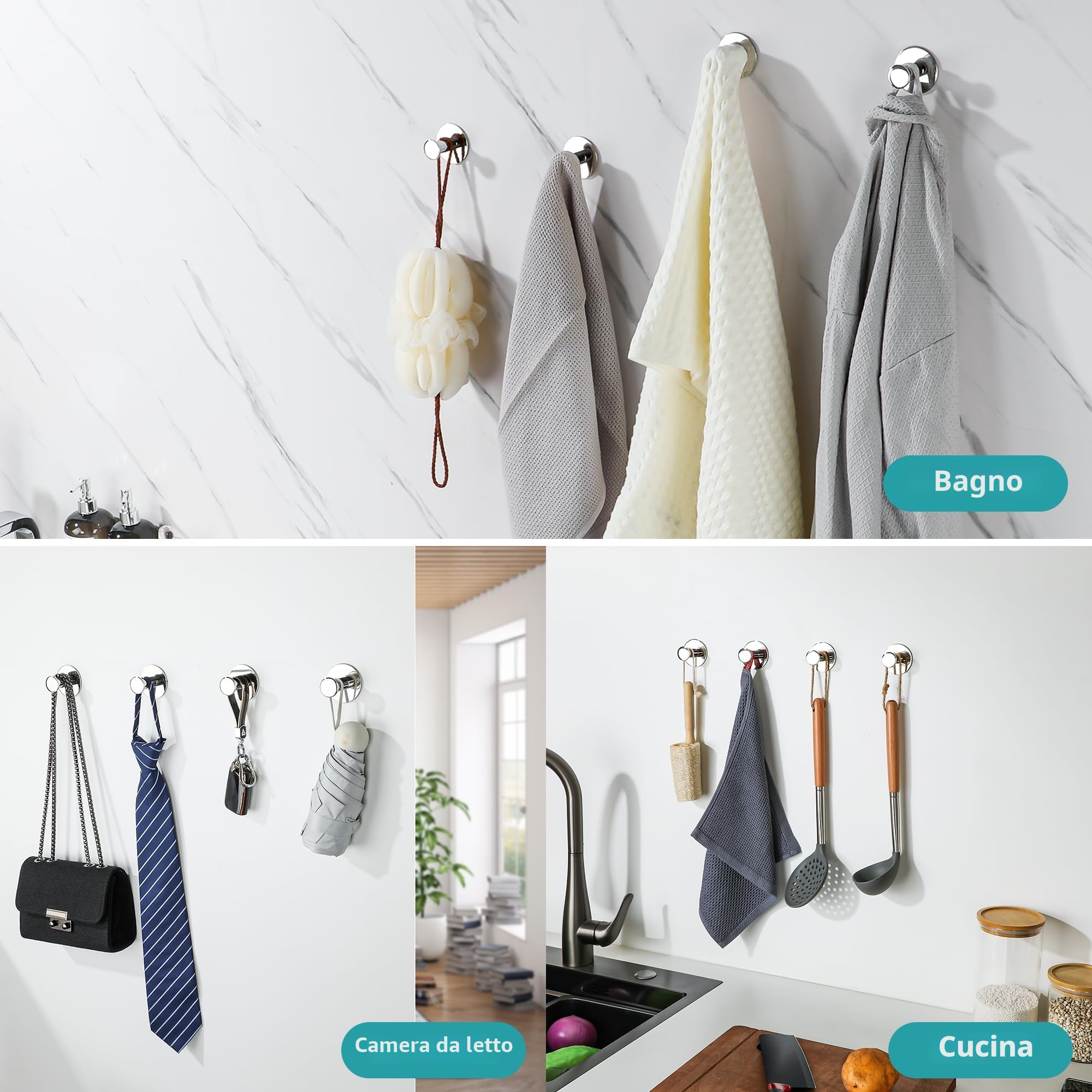 SAYAYO Ganci Adesivi Ganci Portasciugamani in Acciaio Inox Gancio Accappatoio Bagno Cromo Lucido, Gancio Appendiabiti Autoadesivo Appendi Strofinacci Cucina, Senza Foratura, 2 Pezzi
