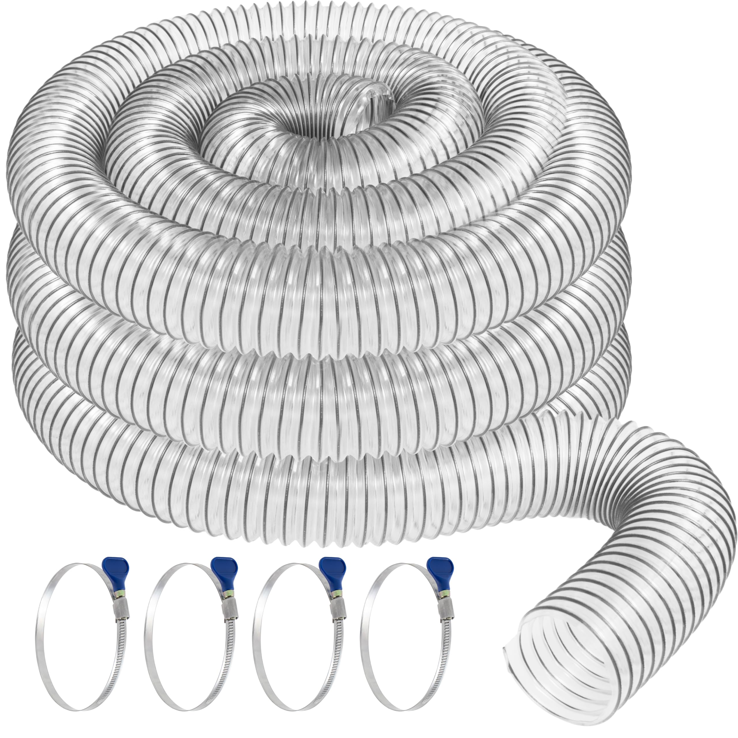 Fulton 2-1/2" x 20' PVC Dust Collection Hose With 4 Thumbscrew Clamps, Puncture Resistant, Carbon Steel Wire, Clear Flexible PVC Dust Collector Hose, Proudly Made in USA