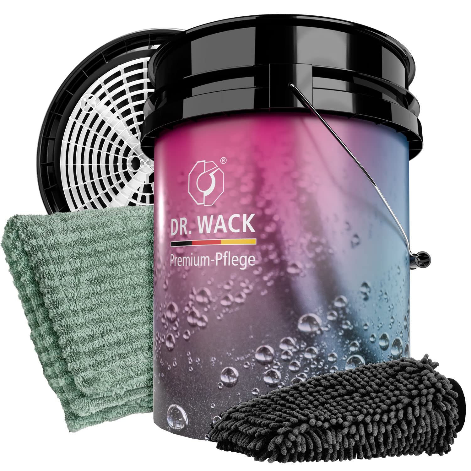 detailmate Auto Handwäsche Bundle Basis - Dr. Wack Wascheimer 5GAL Made by Magic Bucket mit passendem Deckel & GritGuard Schmutzsieb + Garage Freaks Trockentuch 1300GSM Waschhandschuh - Waschset