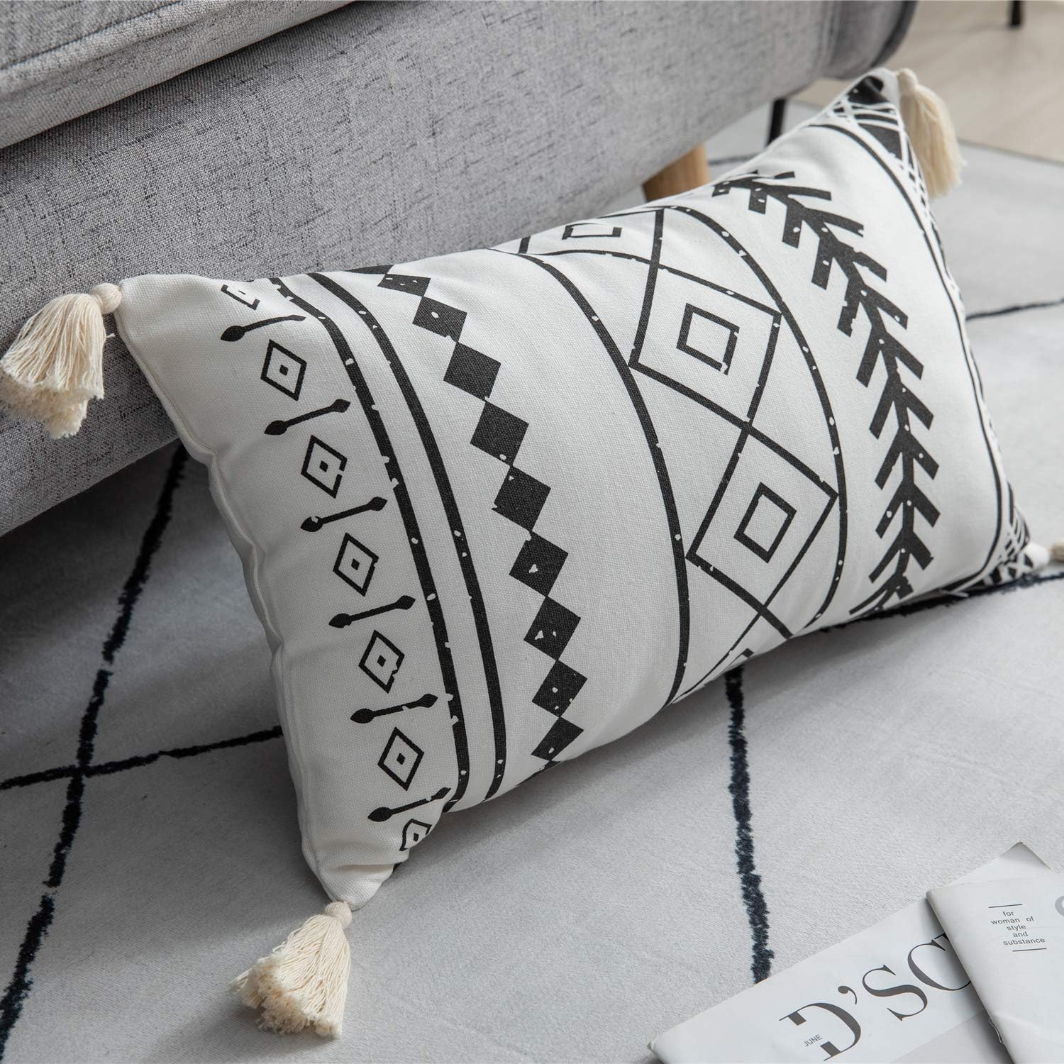 DEZENE Decorative Throw Pillow Covers for Couch Sofa Bed, 2 Pack 100% Cotton Rectangle Lumbar Pillow-Cases with Tassels, Boho Euro Cushion Covers for Farmhouse, Kids, 12 x 20 Inch Black and White