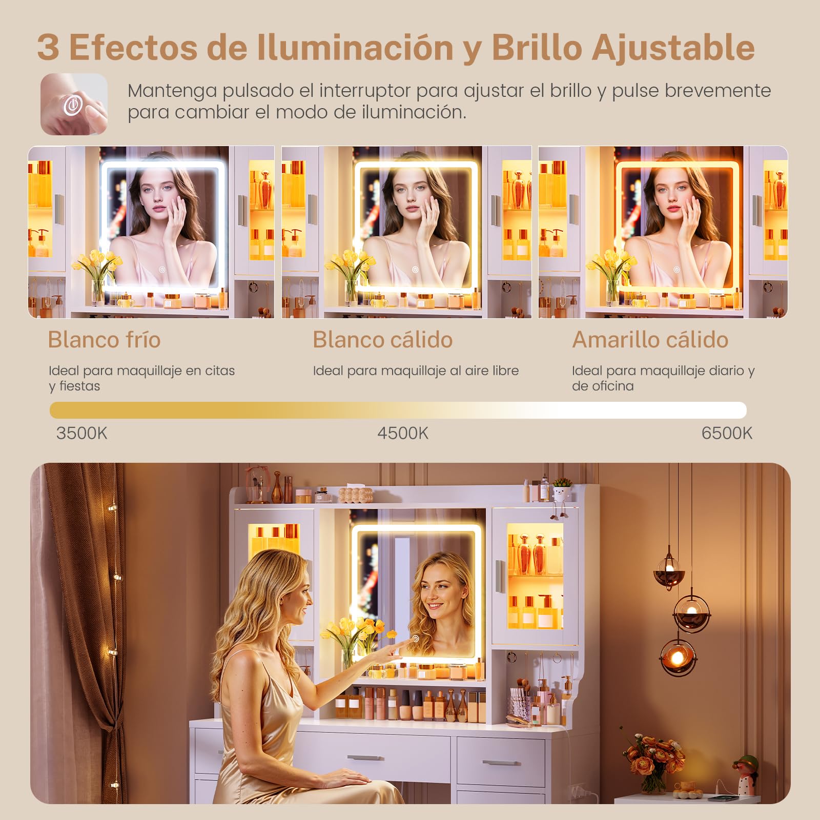TEENFON Tocador de Maquillaje con Espejo LED y Luz RGB, Luminosidad Ajustable, 3 Cajones, 4 Puertas, 5 Ganchos para Joyas y Toma de Corriente, Moderno, Dormitorio, Blanco