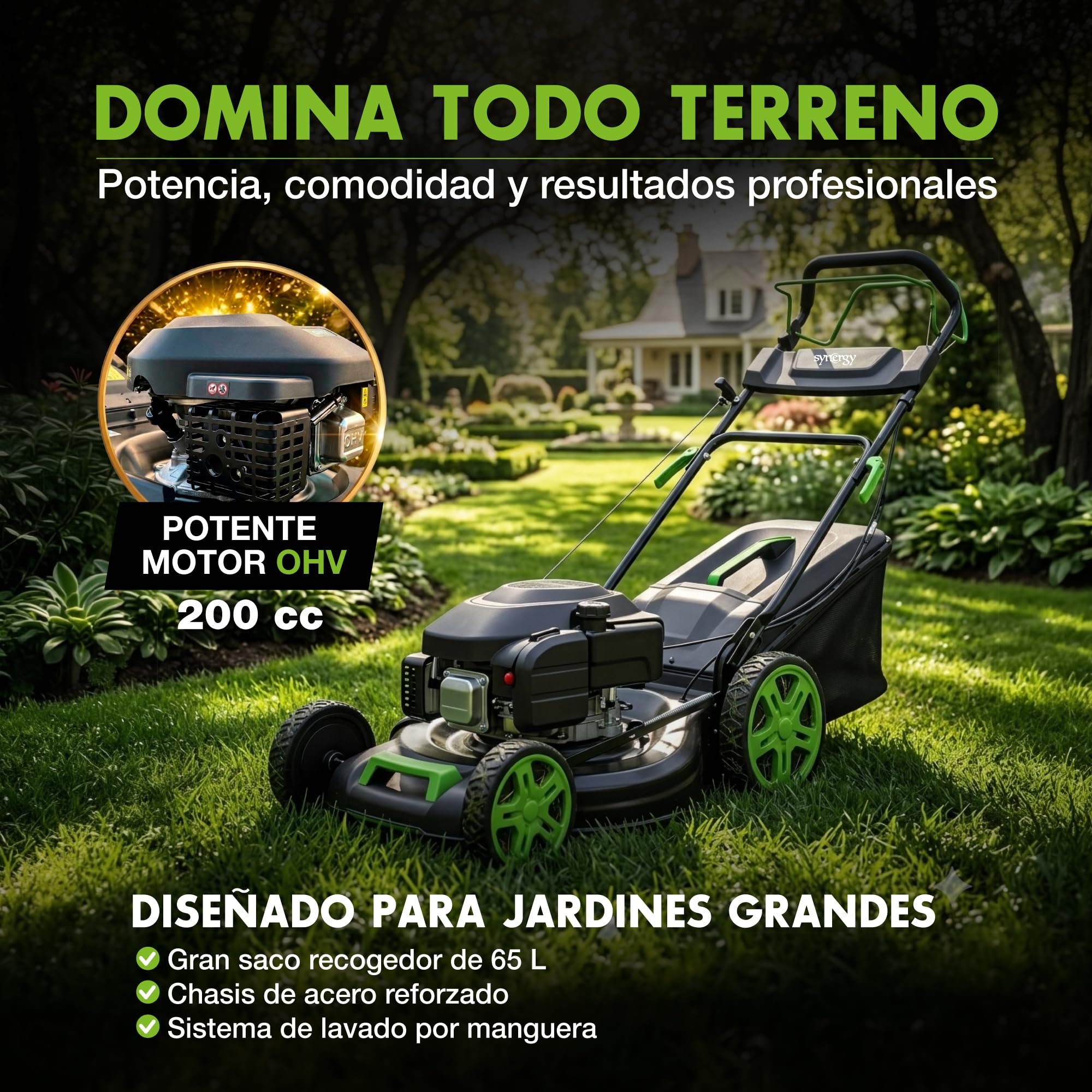 Cortacésped Gasolina autopropulsado 200cc 51 cm con Mulching y Saco 65l, chasis metálico Reforzado. Corta césped rápidamente sin Esfuerzo con su tracción Trasera. cortacésped Gasolina Profesional
