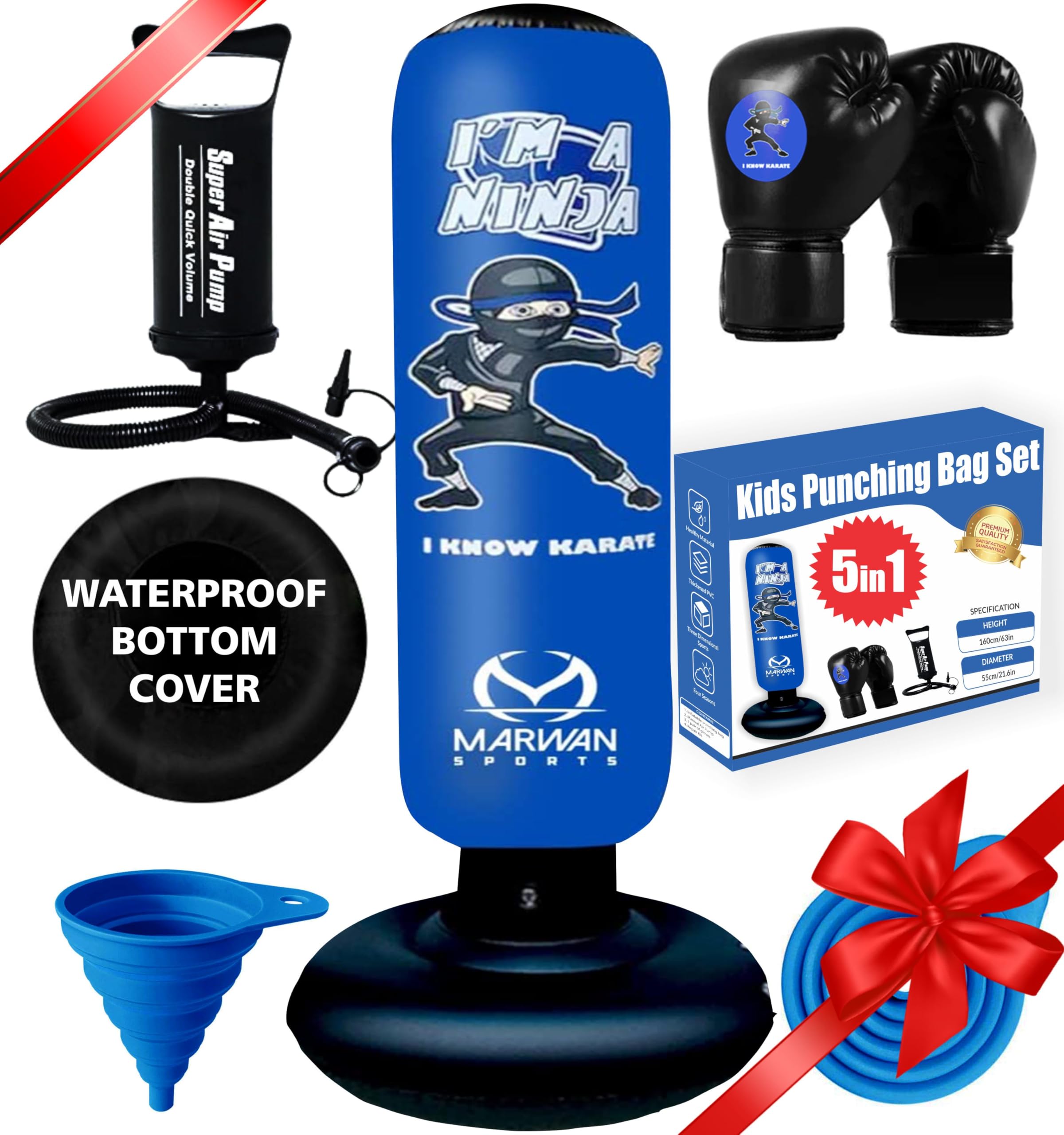 Punching Bag for Kids|3 in 1,Kids 63 Inch Freestanding Ninja Boxing Bag Set incl Double Volume Air Pump & Boxing Gloves|3-10 Year Old Kids Punching Bag with Stand | Inflatable Karate Kid Toys for Boys