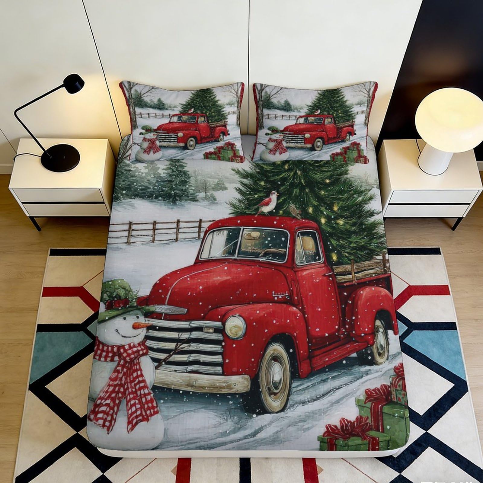 3D Printed Christmas Red Truck Fitted Sheet Microfiber Snowman Pine Tree Mattress Cover for Bedroom Guest Room Winter Decor 90x200x25cm