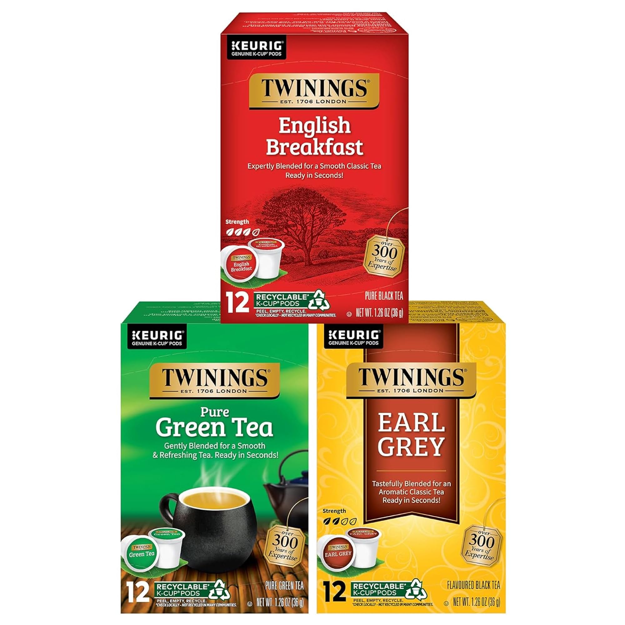 Twinings Tea Variety Sampler Pack K-Cup Pods for Keurig Single Serve, 12 Count English Breakfast, Verde Earl (Confezione da 3)