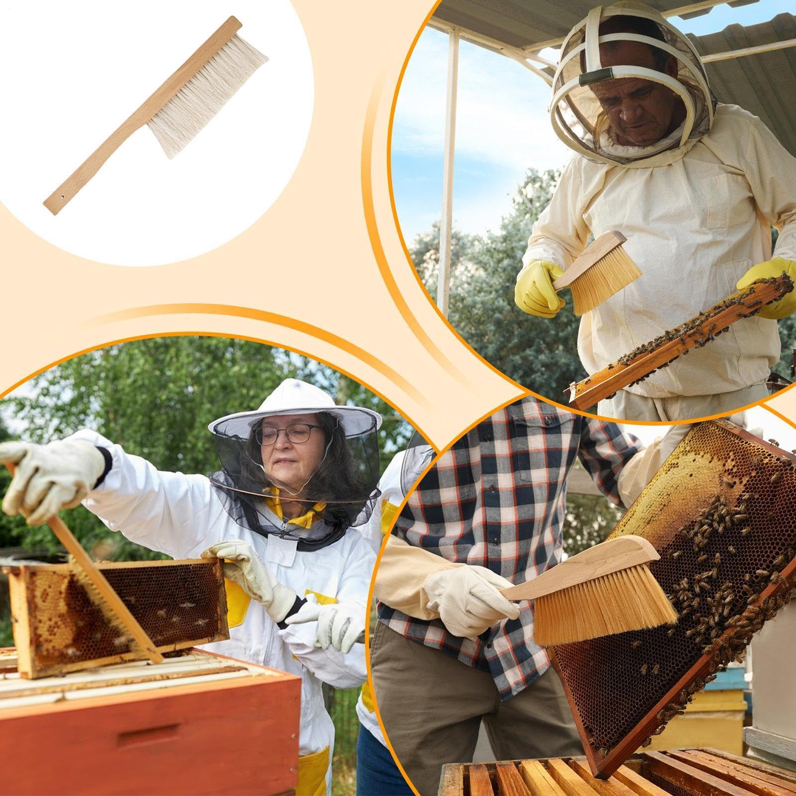 Brosse d'apiculture | 40 x 7,6 x 1 cm | Outil de Nettoyage de Ruche avec poignée en Bois Naturel en CRIN de Cheval pour Hommes, Femmes, débutants