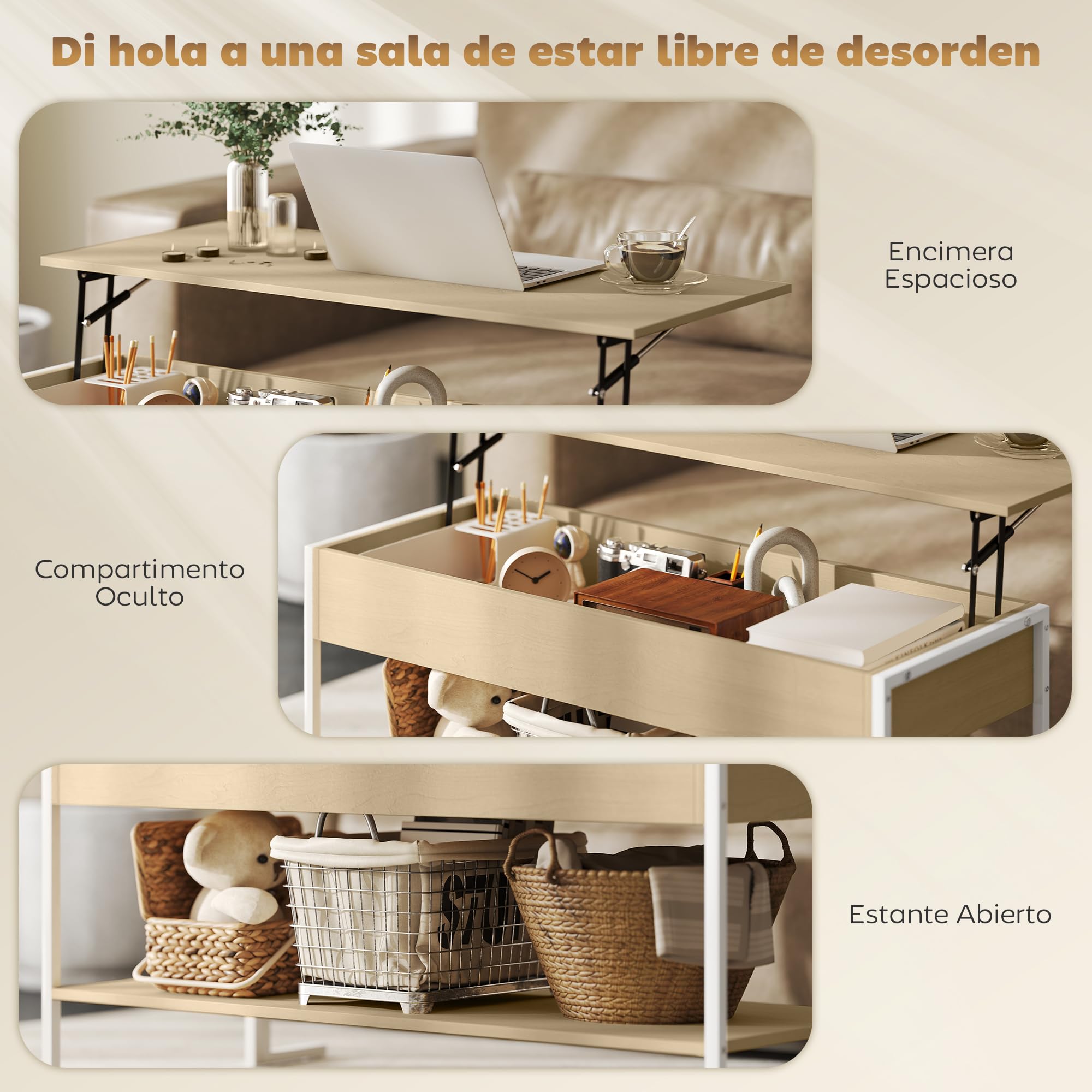 HOMCOM Mesa de Centro Elevable Cierre Suave 95x40x59 cm Natural y Blanco | Mesa de Café, Espacio Oculto de Almacenaje, Estante Abierto