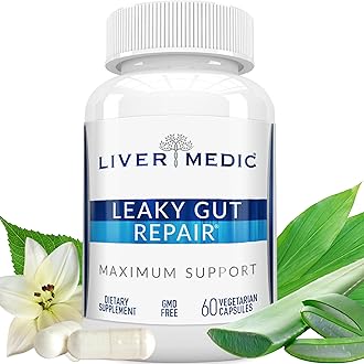 Liver Medic Leaky Gut Repair Natural Gut Health Supplement Glutamine Organic Slippery Elm NAG Marshmallow Root Aloe Vera MSM Quercetin Bromelain Promotes Digestive Ease, Gut Wellness 1000mg 60 Caps