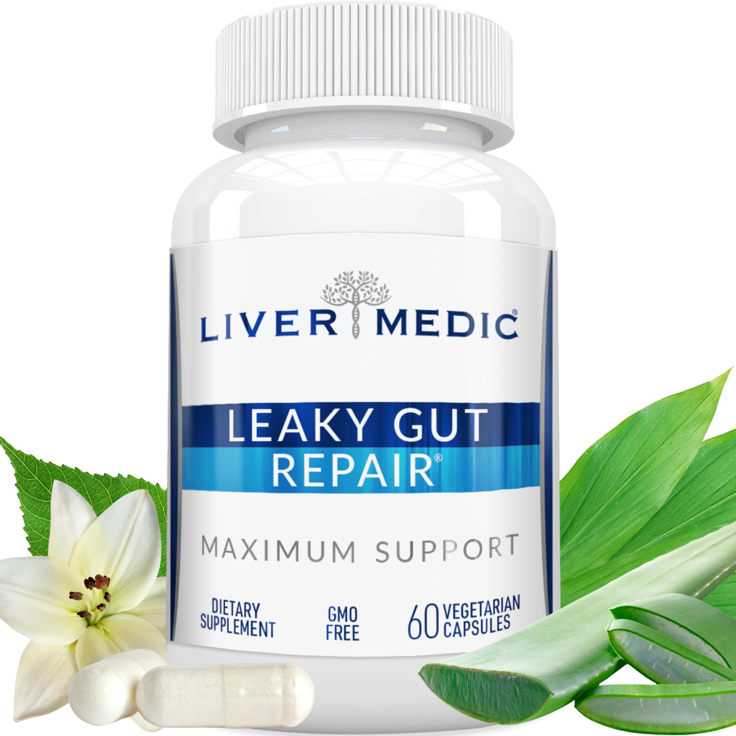 Liver Medic Leaky Gut Repair Supports GI Repair (No NAG, Shellfish Free) Supports Relief of Heartburn. Bloating, Gas, Constipation, SIBO. L-Glutamine, Slippery Elm, Zinc, MSM, Quercetin, Aloe