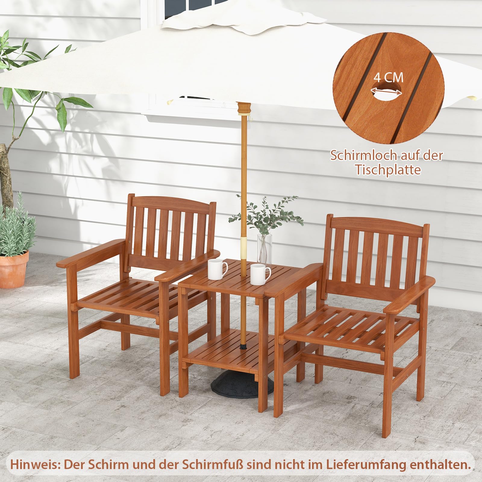 COSTWAY Gartenbank mit Beistelltisch & Schirmloch, 2-Sitzer Akazienholz Sitzbank Konversationsset, Terrassenbank Gartenmöbel Set für Balkon, Garten, Terrasse (vertikal)