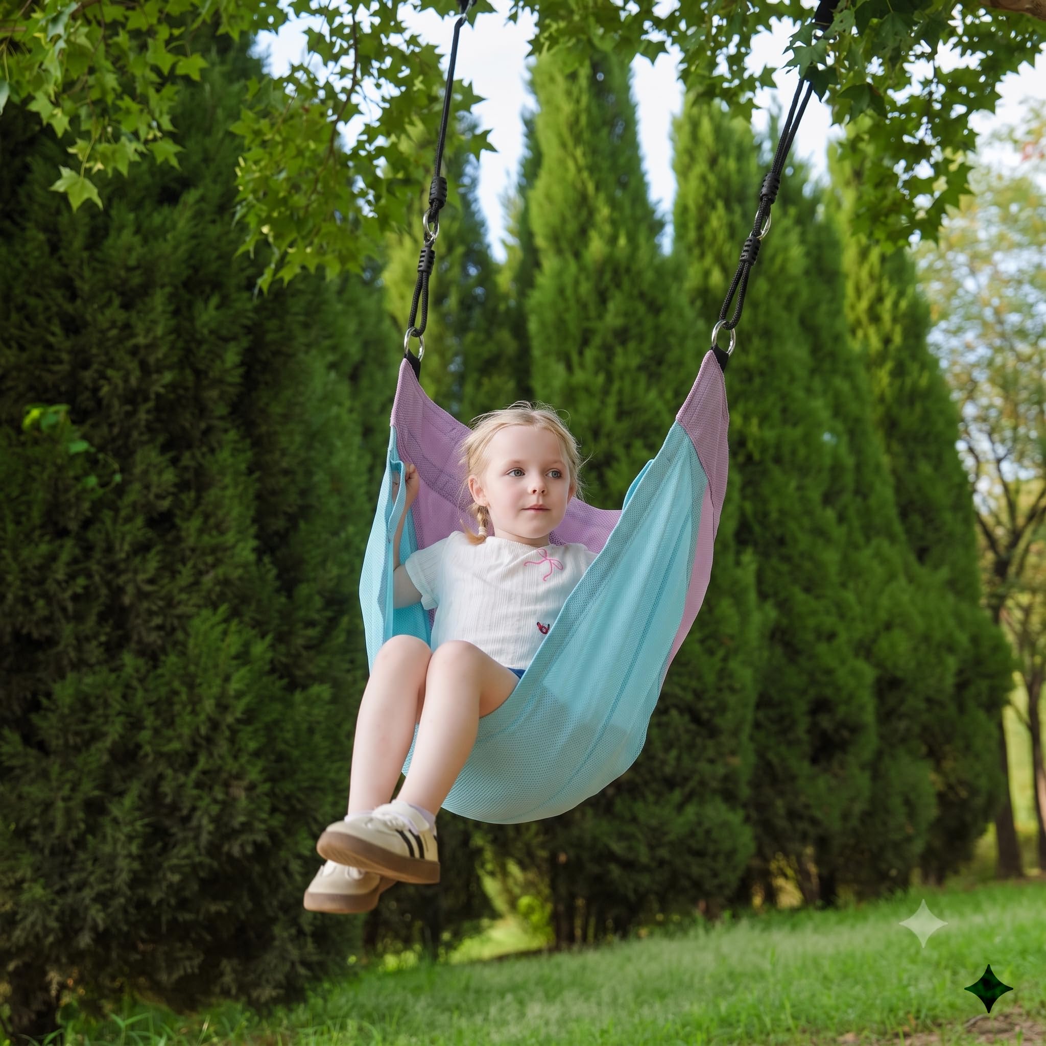 JUNGLE WELL Textilene Hammock Swing Chair for Kids & Adults – 130kg Weight Capacity, Adjustable Rope, Water-Repellent Fabric, Indoor/Outdoor Hanging Swing (Lavender & Blue)