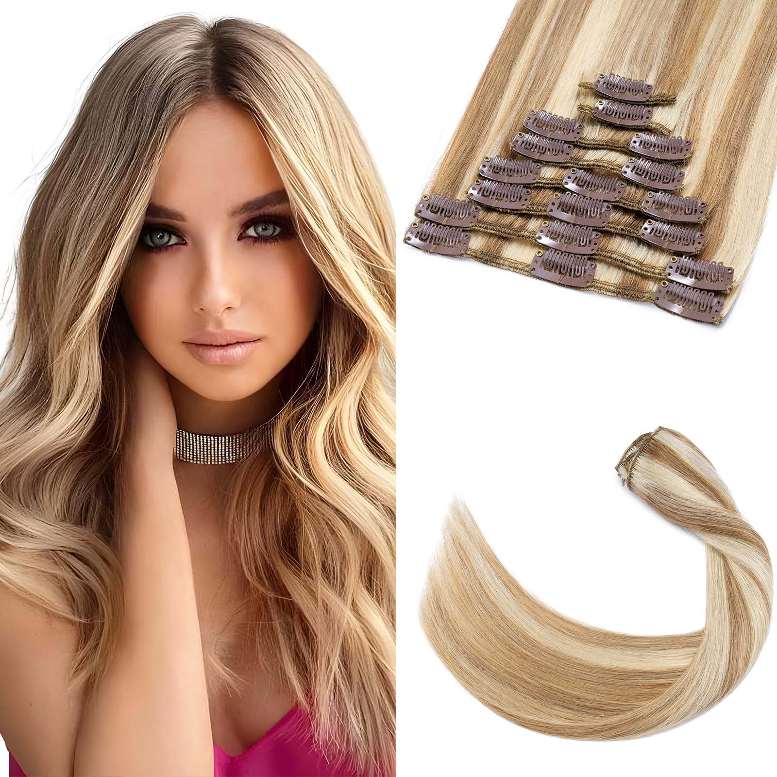 TESS Clip in Hair Extensions Real Human Hair Highlighted Remy Seamless 8 Pieces Straight for Women/Girls (#4P27 Medium brown&Dark blonde