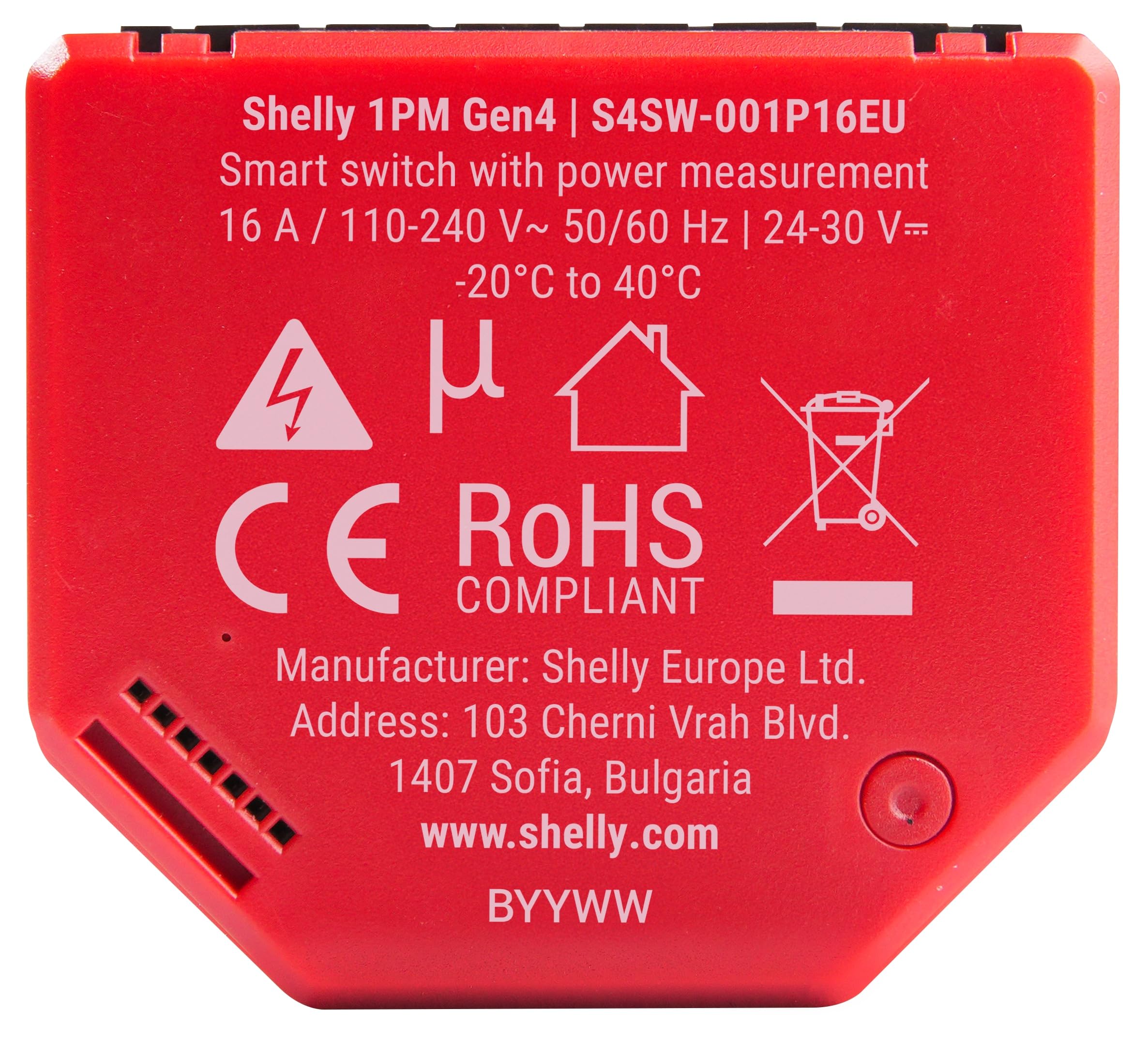 SHELLY Relais 1PM Gen4, 16 A, WLAN, Bluetooth, rot, 4 Stück