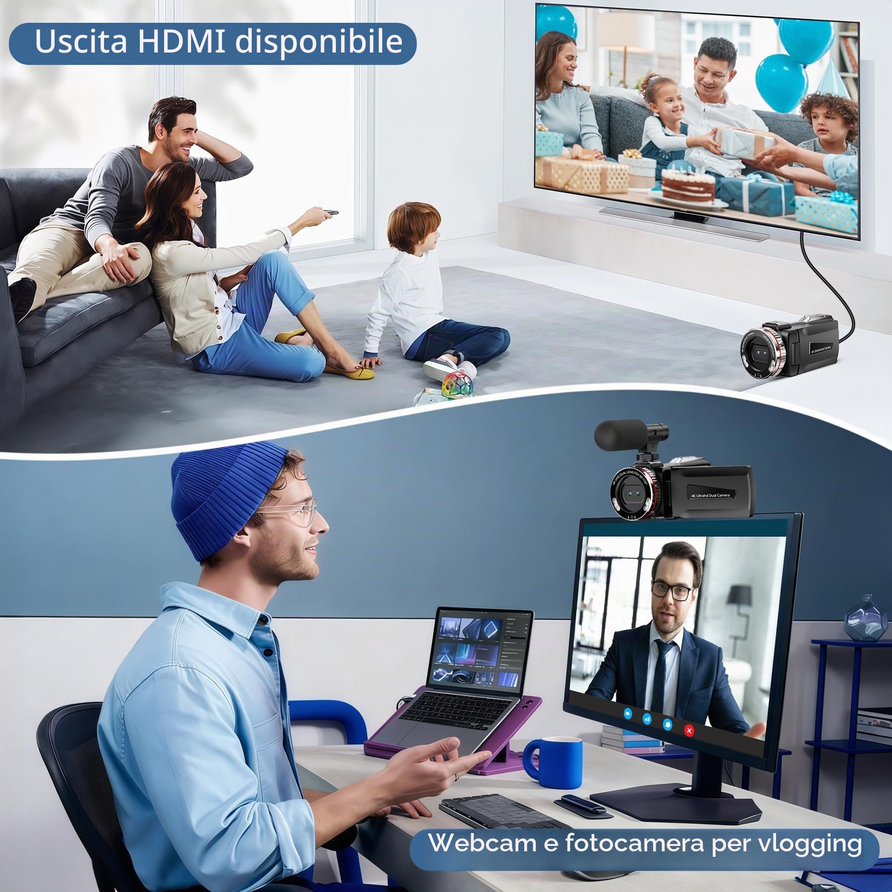 Videocamera 4K, foto 64 MP/registratore video 4K 60 FPS, videocamera digitale per vlogging su YouTube, con 2 batterie/microfono wireless/scheda SD/telecomando